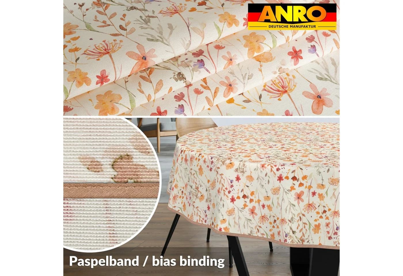 ANRO Tischdecke abwaschbar LANA Alessia-Wildblumen Orange-Beige - Bild 3