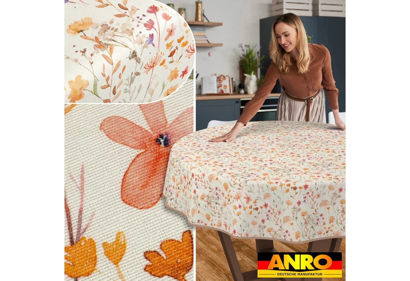 ANRO Tischdecke abwaschbar LANA Alessia-Wildblumen Orange-Beige - Bild 5