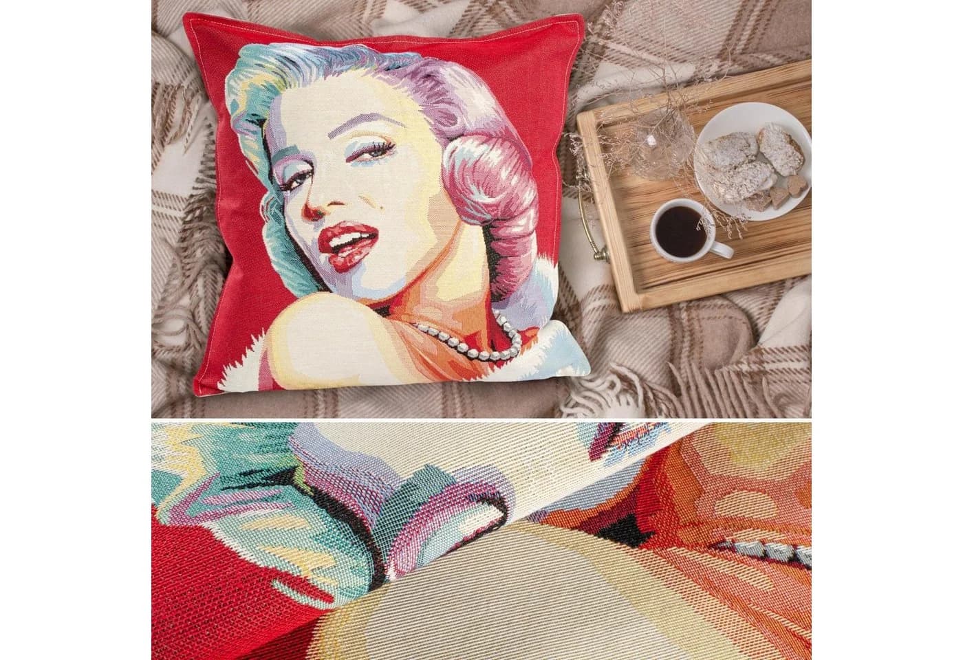 ANRO Dekokissen Jacquard-Gobelin POP Art Marilyn Monroe Beige