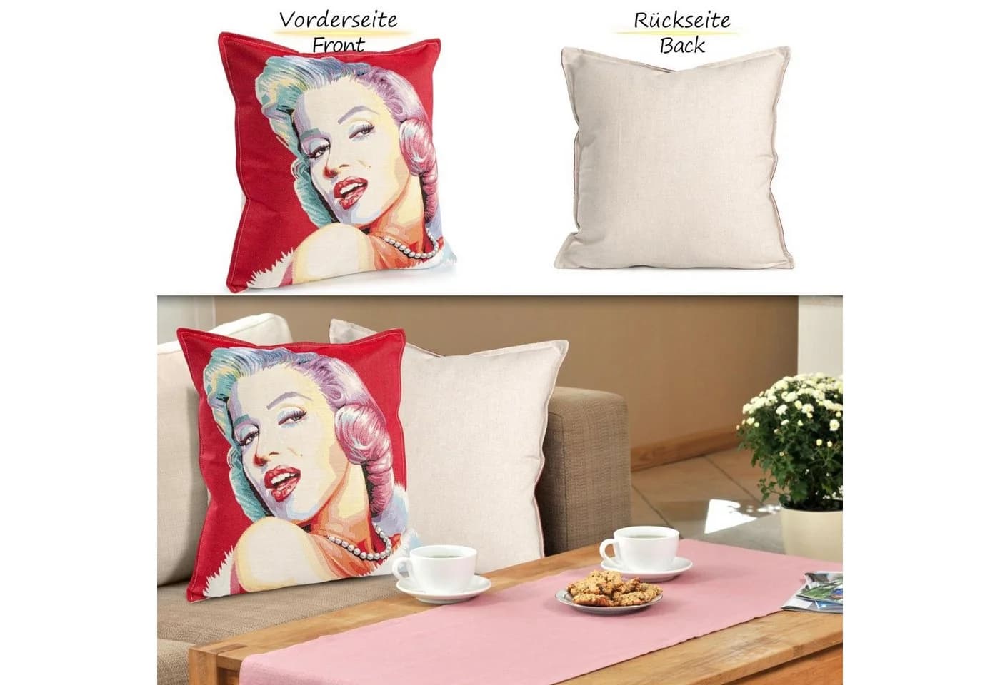 ANRO Dekokissen Jacquard-Gobelin POP Art Marilyn Monroe Beige - Bild 3