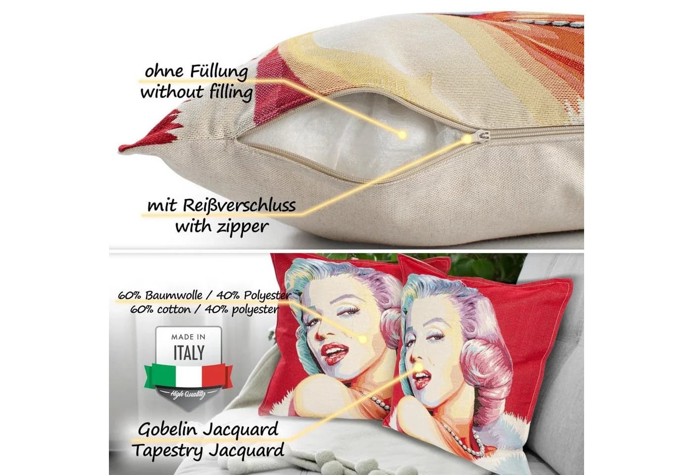 ANRO Dekokissen Jacquard-Gobelin POP Art Marilyn Monroe Beige - Bild 4