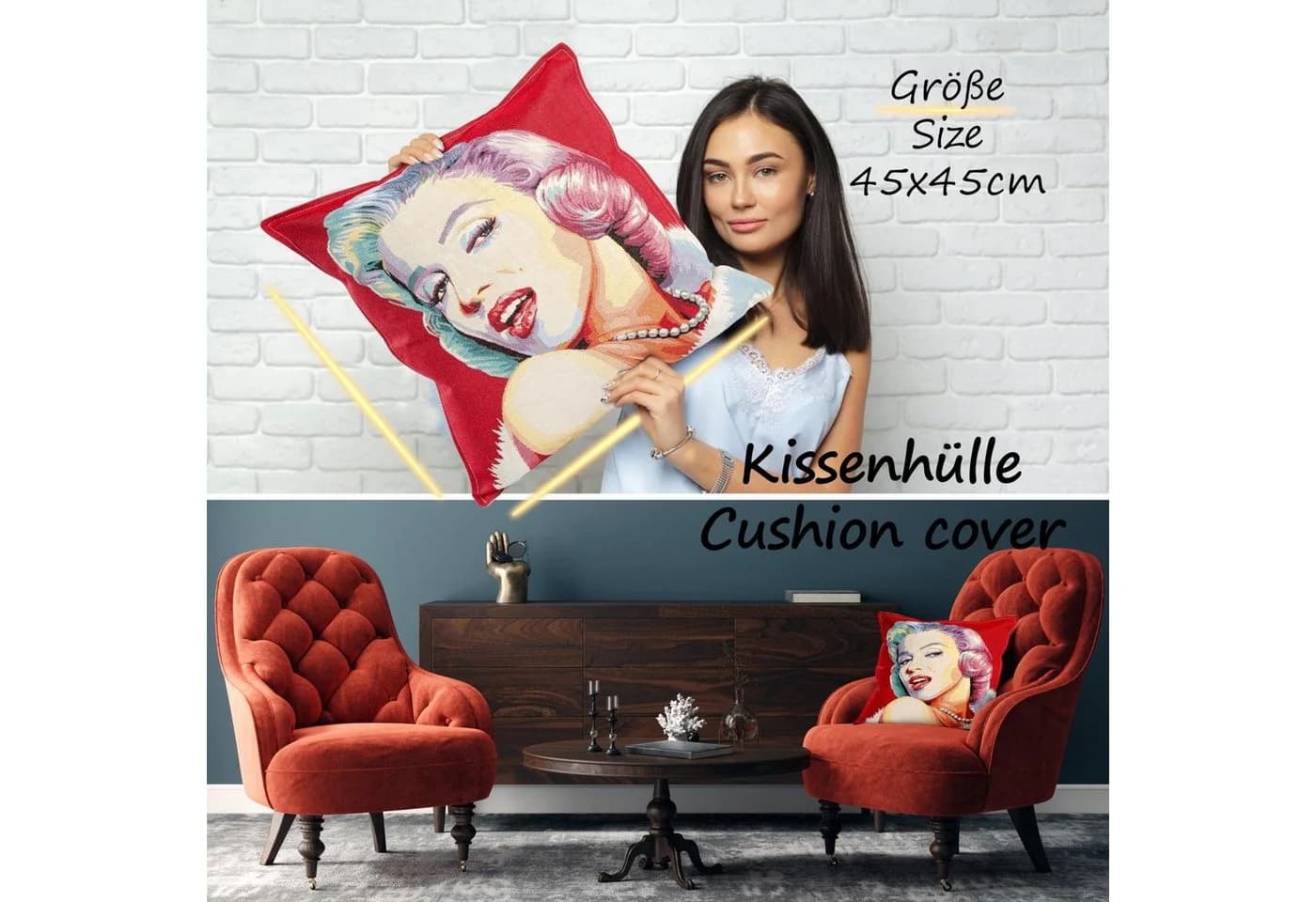 ANRO Dekokissen Jacquard-Gobelin POP Art Marilyn Monroe Beige - Bild 5