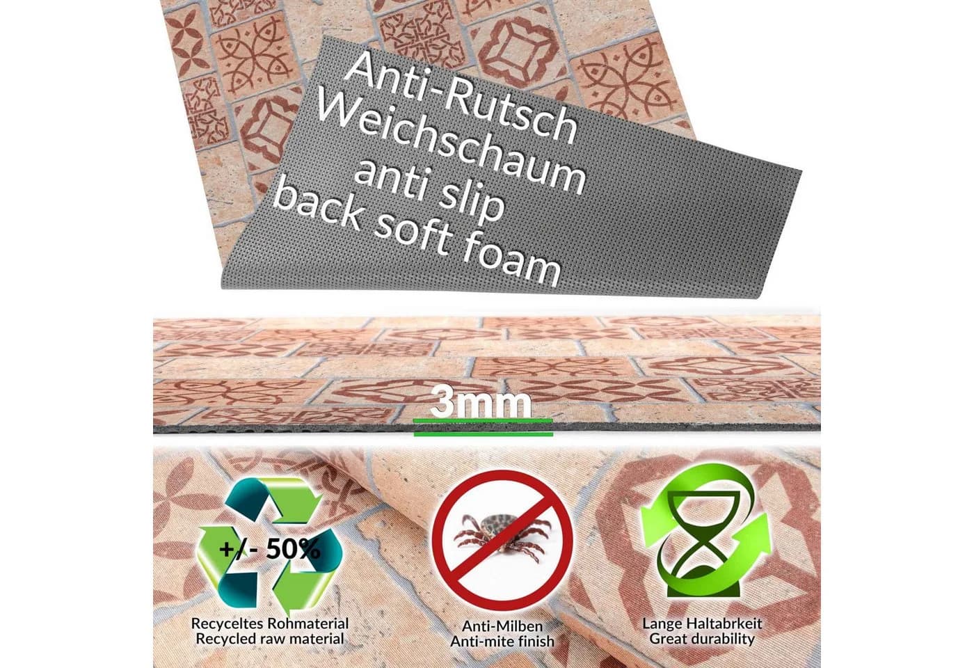 ANRO Küchenläufer RANNA Hochwertig Küchenteppich Textil Eckig 100x65cm Fliesen Mosaik Braun - Bild 4