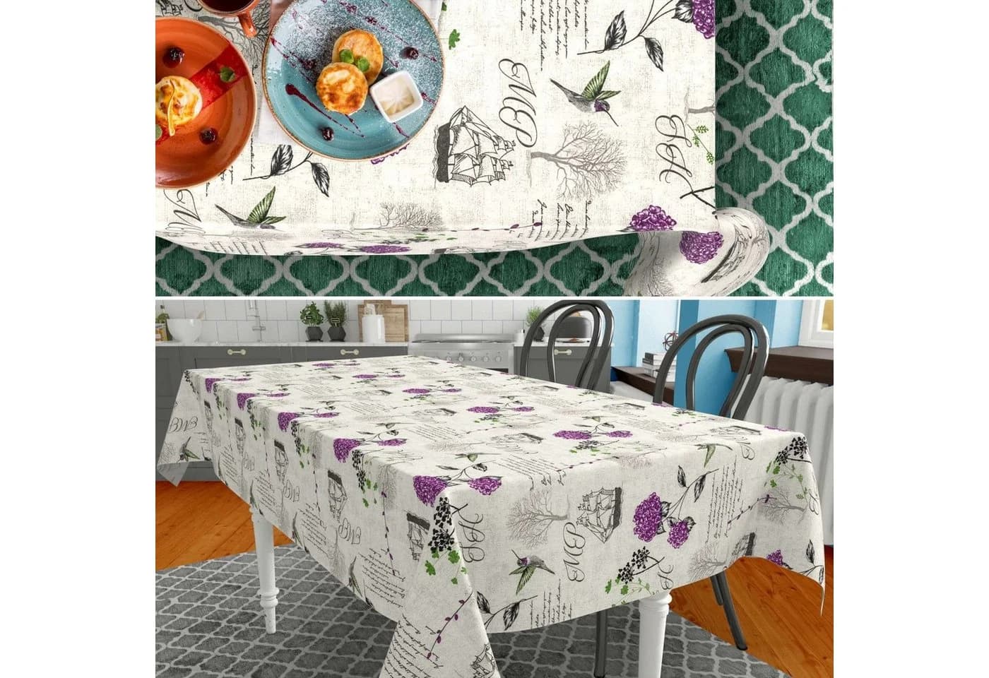 ANRO Tischdecke Beige Hortensien Blumen Botanik Stoff mit Schutzbeschichtung