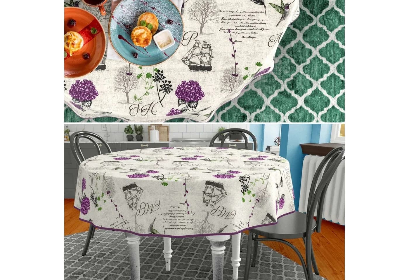 ANRO Tischdecke mit Blumen Botanik aus Stoff Tischwäsche mit Beschichtung