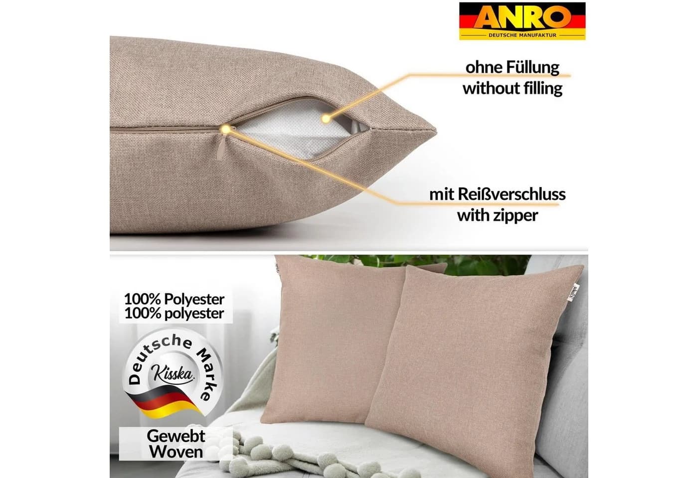 Kisska Dekokissenhülle TIZI Beige Leinen-Optik 40x40cm - Bild 3