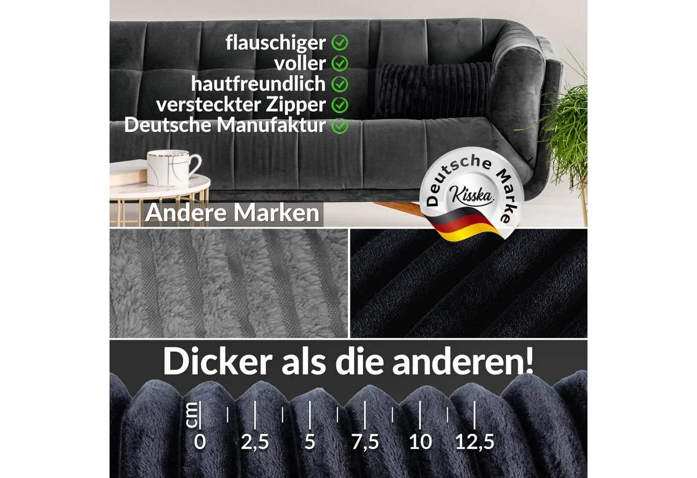 Kisska Dekokissen LILLI BIG CORD Velour Ambiente dekorieren, Kissenüberzug ohne Füllung BIG-Cord UNI 50x30cm Einfarbig Schwarzblau