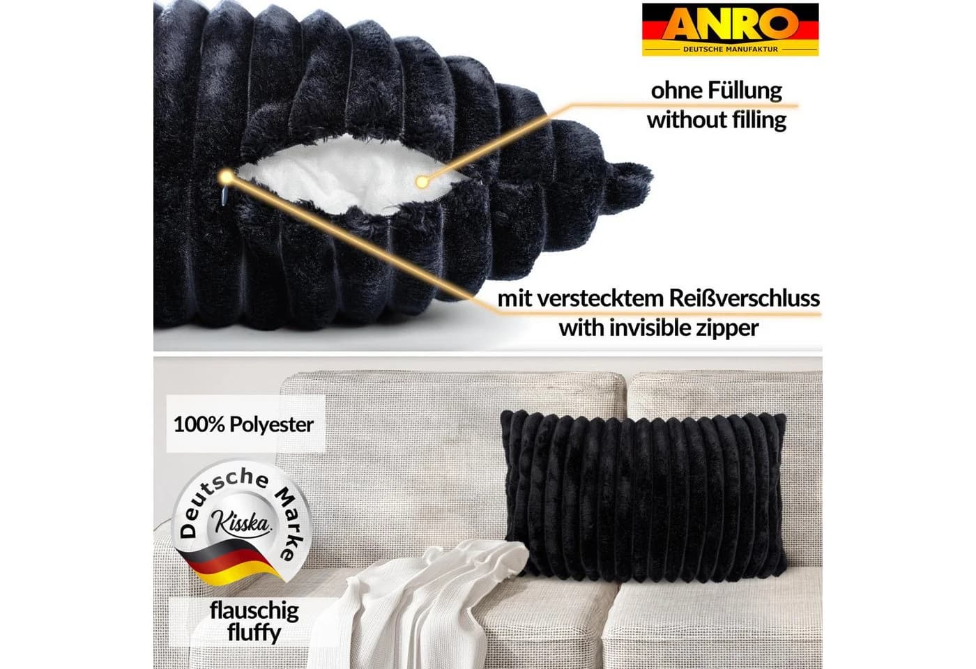 Kisska Dekokissen LILLI BIG CORD Velour Ambiente dekorieren, Kissenüberzug ohne Füllung BIG-Cord UNI 50x30cm Einfarbig Schwarzblau - Bild 3