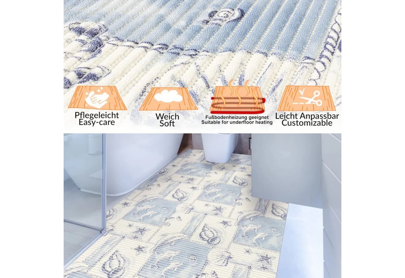 ANRO Badematte Weichschaum 100x130cm Delfine Blau-Weiß - Bild 3