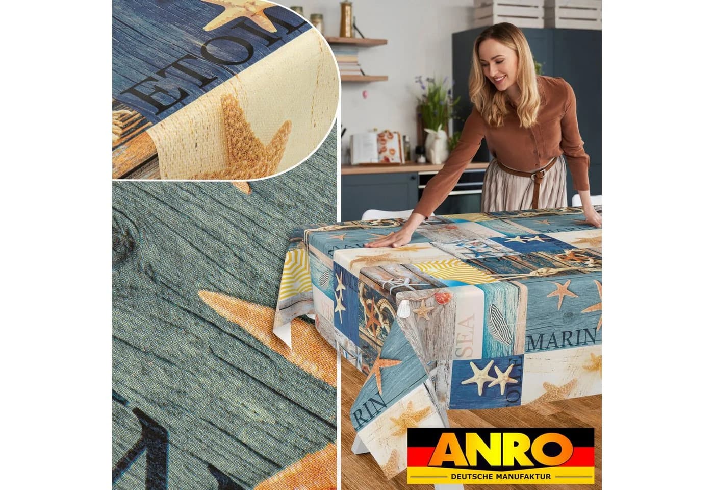 ANRO Tischdecke Wachstuch abwaschbar Maritim Blau - Bild 5