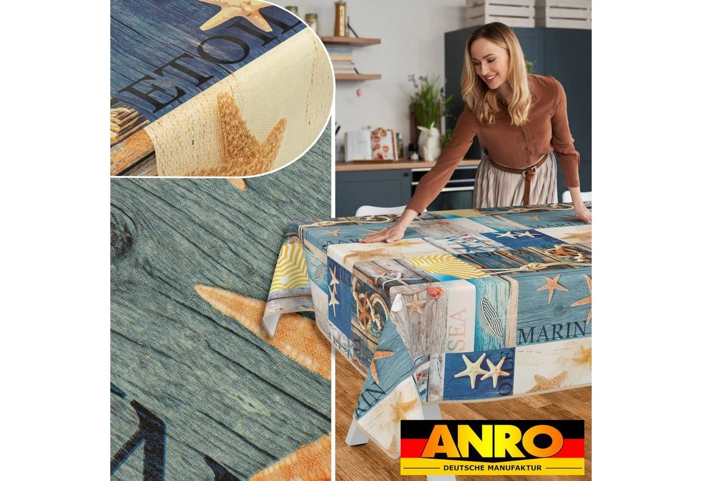 ANRO Tischdecke Wachstuch abwaschbar Maritim Blau - Bild 5