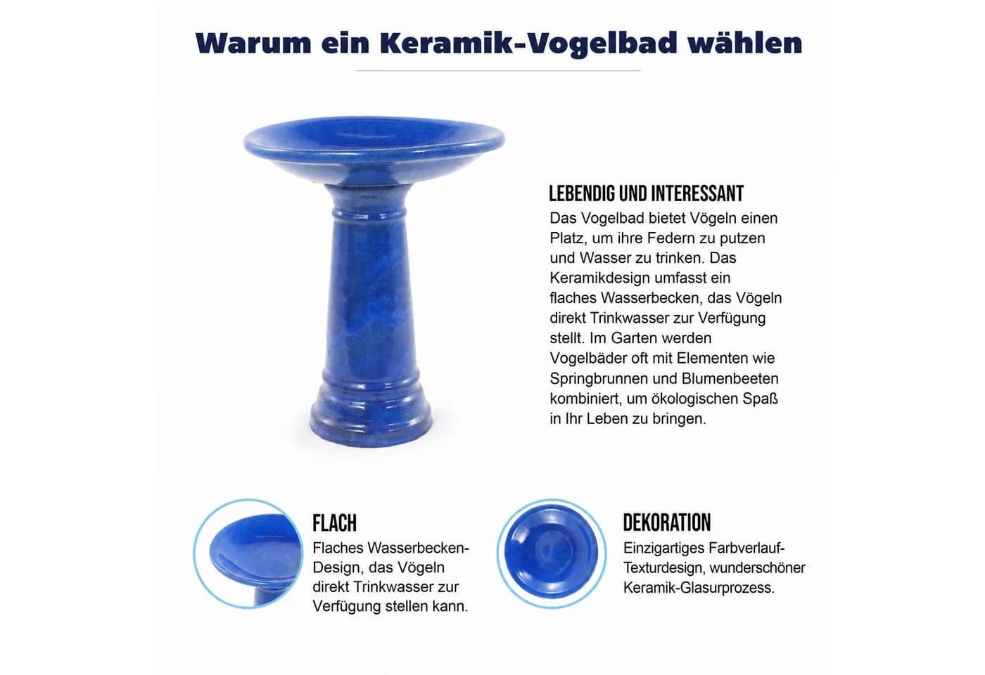 Blossom Vogeltränke Keramik Königsblau Frostsicher mit Standfuß - Bild 5