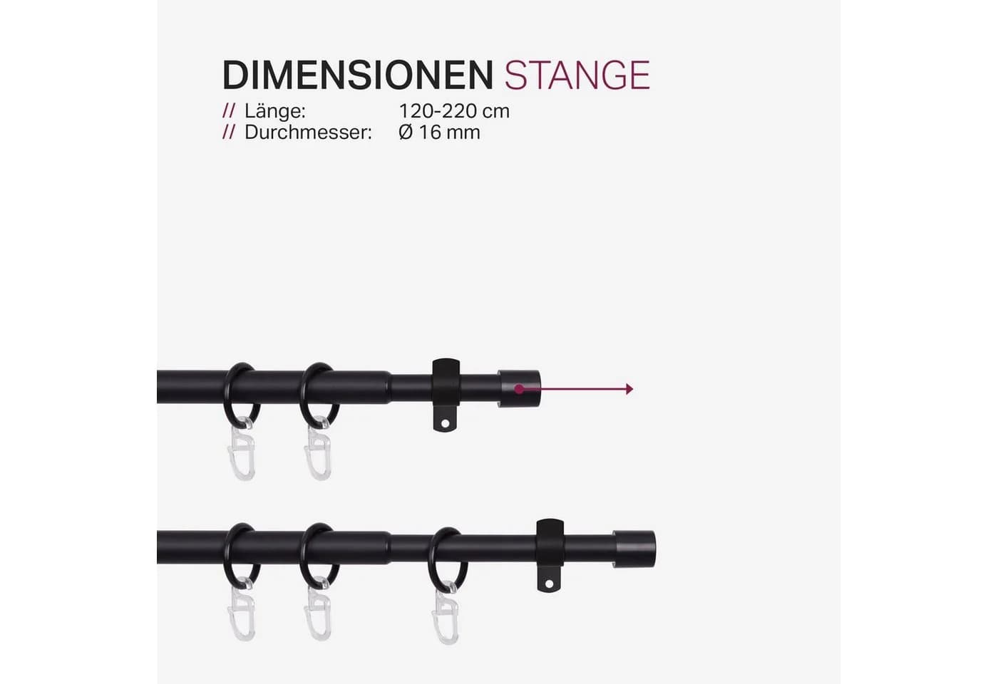 Bestlivings Gardinenstange Set mit dekorativen Endstücken, Ø 16 mm, 1-läufig, ausziehbar, Wandträger, verschraubt, Metall, Vorhangstange 120 bis 220 cm inkl. Endstücke, Ringe mit Faltlegehaken