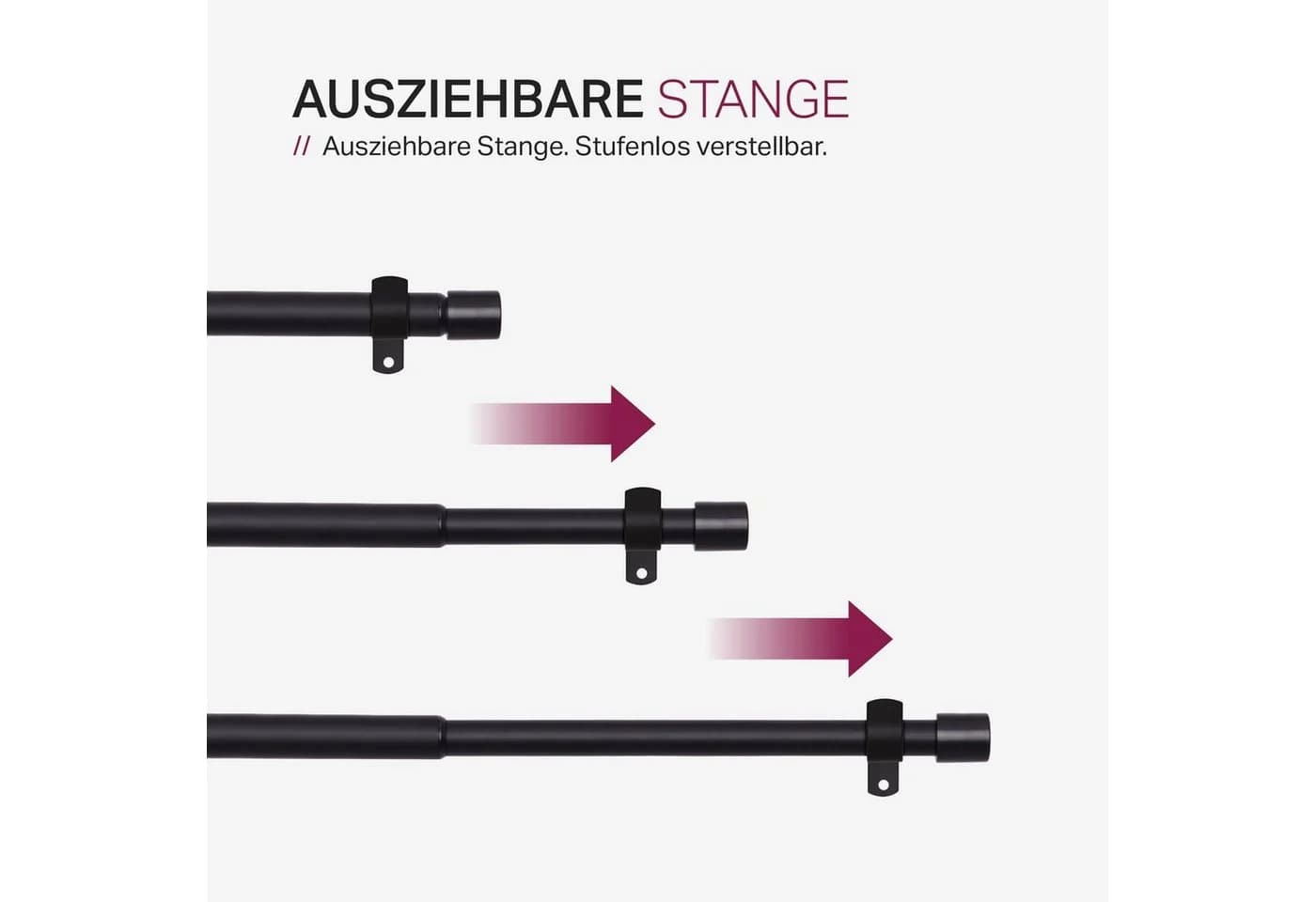 Bestlivings Gardinenstange Set mit dekorativen Endstücken, Ø 16 mm, 1-läufig, ausziehbar, Wandträger, verschraubt, Metall, Vorhangstange 120 bis 220 cm inkl. Endstücke, Ringe mit Faltlegehaken - Bild 3