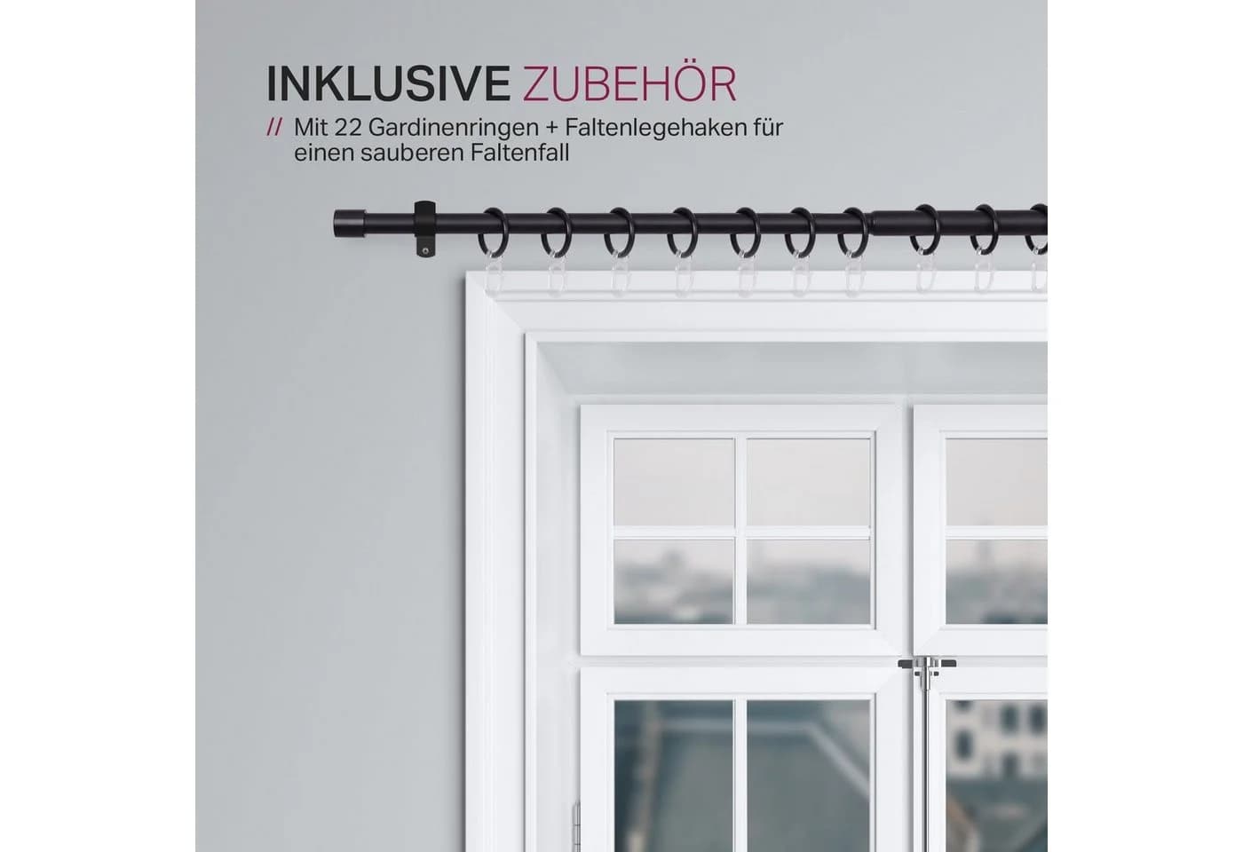 Bestlivings Gardinenstange Set mit dekorativen Endstücken, Ø 16 mm, 1-läufig, ausziehbar, Wandträger, verschraubt, Metall, Vorhangstange 120 bis 220 cm inkl. Endstücke, Ringe mit Faltlegehaken - Bild 4