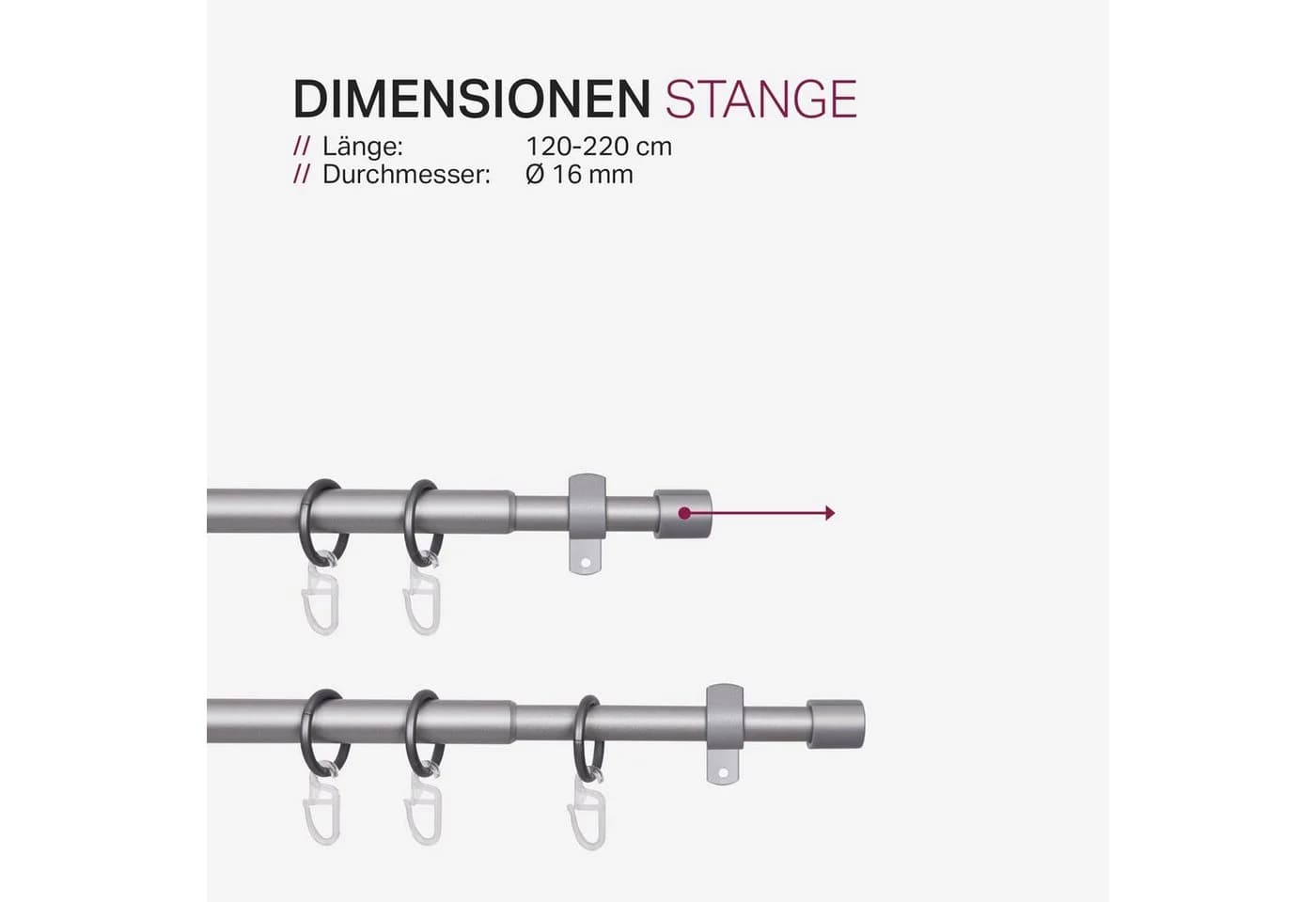 Bestlivings Gardinenstange Set mit dekorativen Endstücken, Ø 16 mm, 1-läufig, ausziehbar, Wandträger, verschraubt, Metall, Vorhangstange 120 bis 220 cm inkl. Endstücke, Ringe mit Faltlegehaken