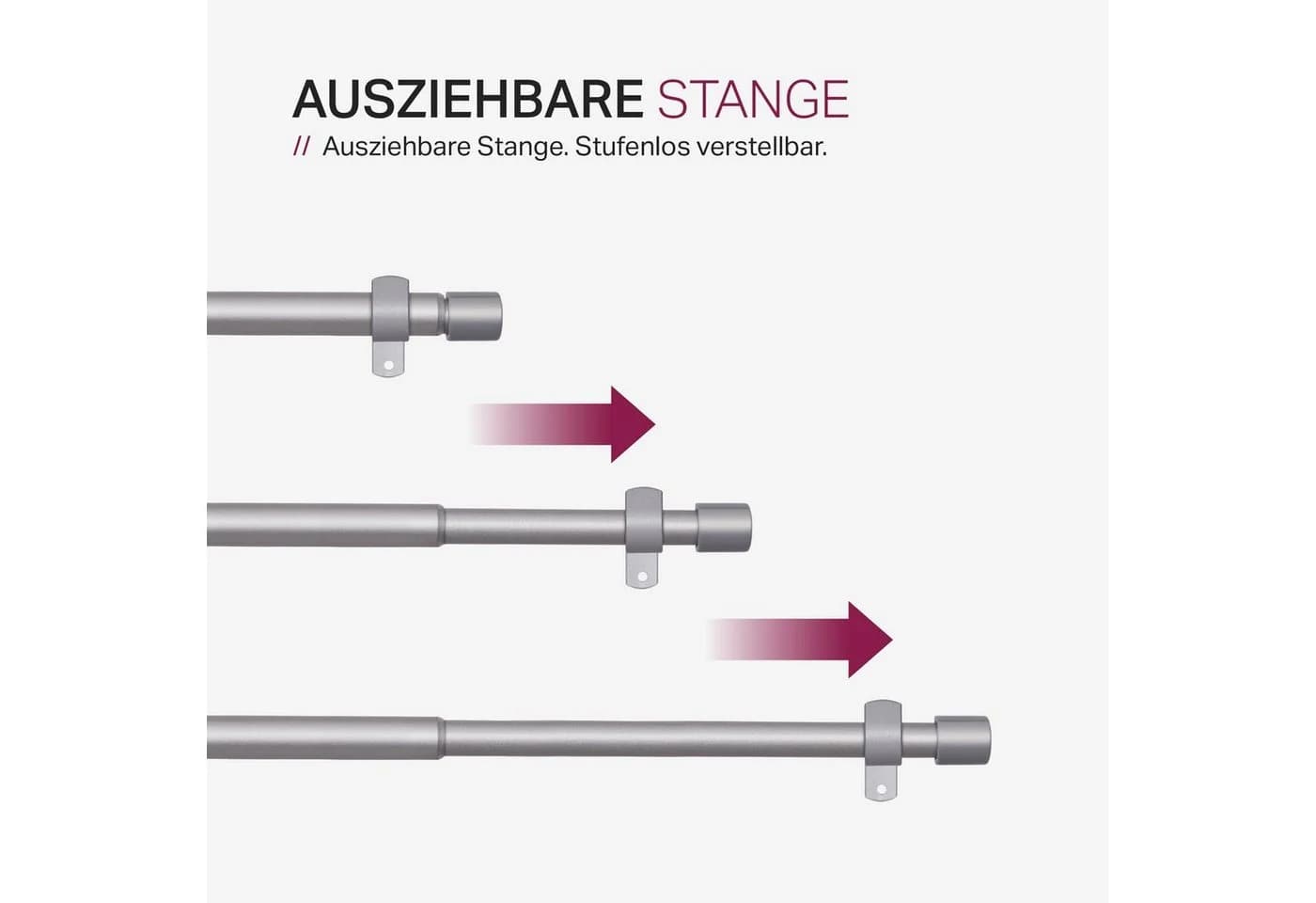 Bestlivings Gardinenstange Set mit dekorativen Endstücken, Ø 16 mm, 1-läufig, ausziehbar, Wandträger, verschraubt, Metall, Vorhangstange 120 bis 220 cm inkl. Endstücke, Ringe mit Faltlegehaken - Bild 3