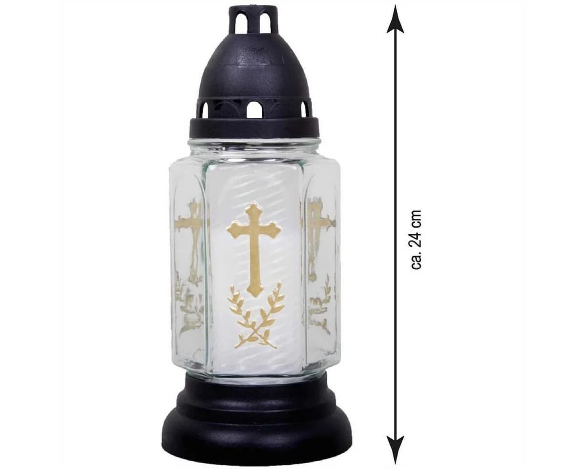 HS Candle Grablaterne 24cm Weiß mit Kreuz-Motiv und Ölkerze