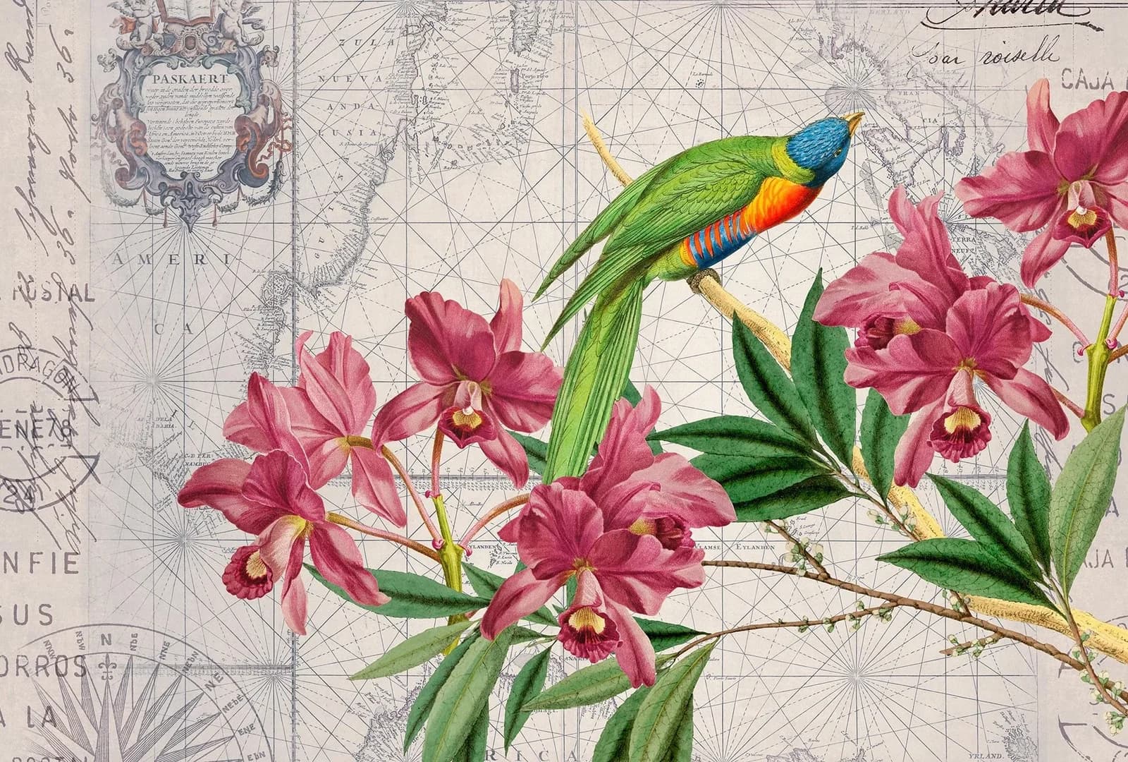 Livingwalls Fototapete ARTist Bird Discovery Beige Gelb Grün Vlies