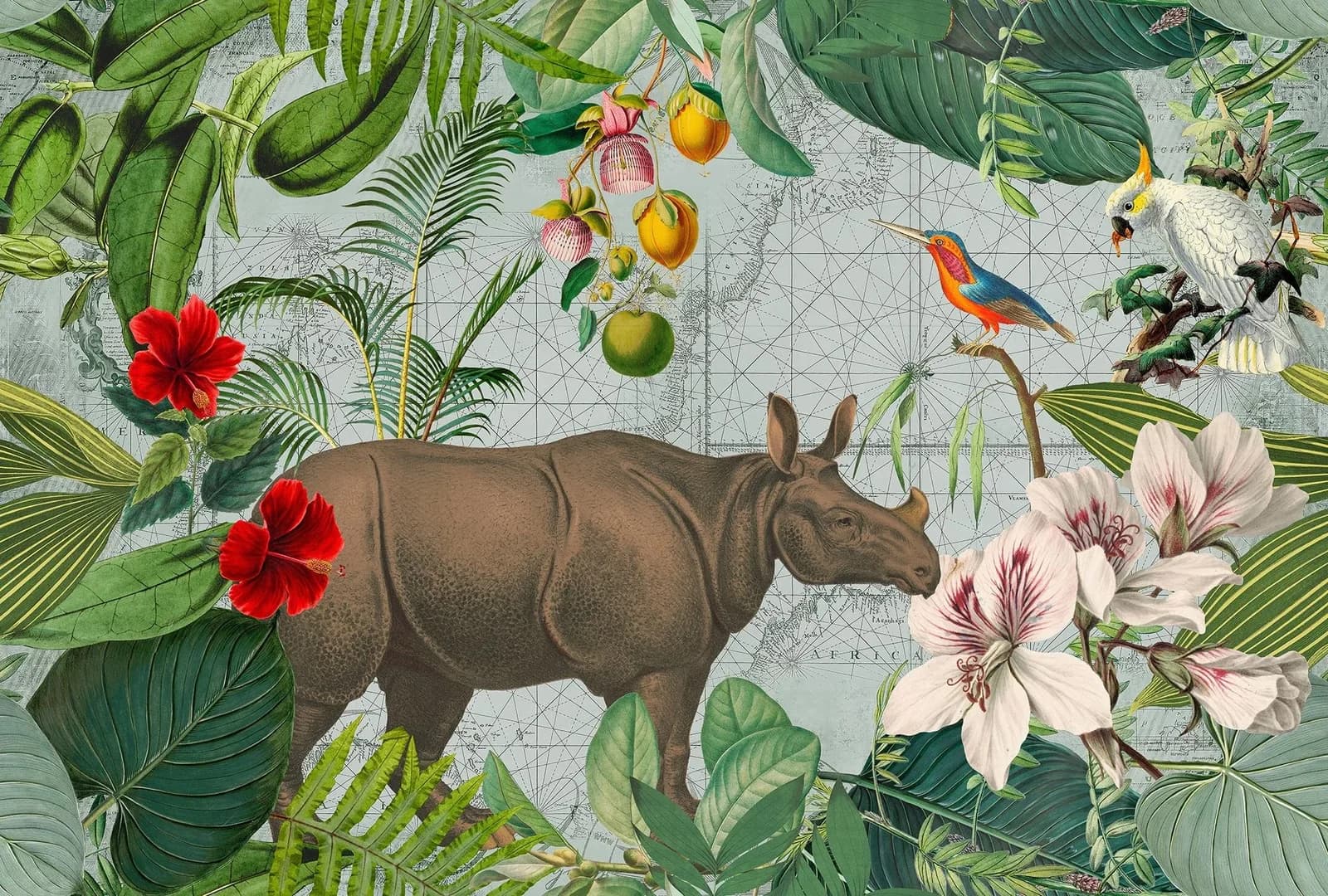 Livingwalls Fototapete ARTist Jungle Rhino Vlies Braun Grün Orange