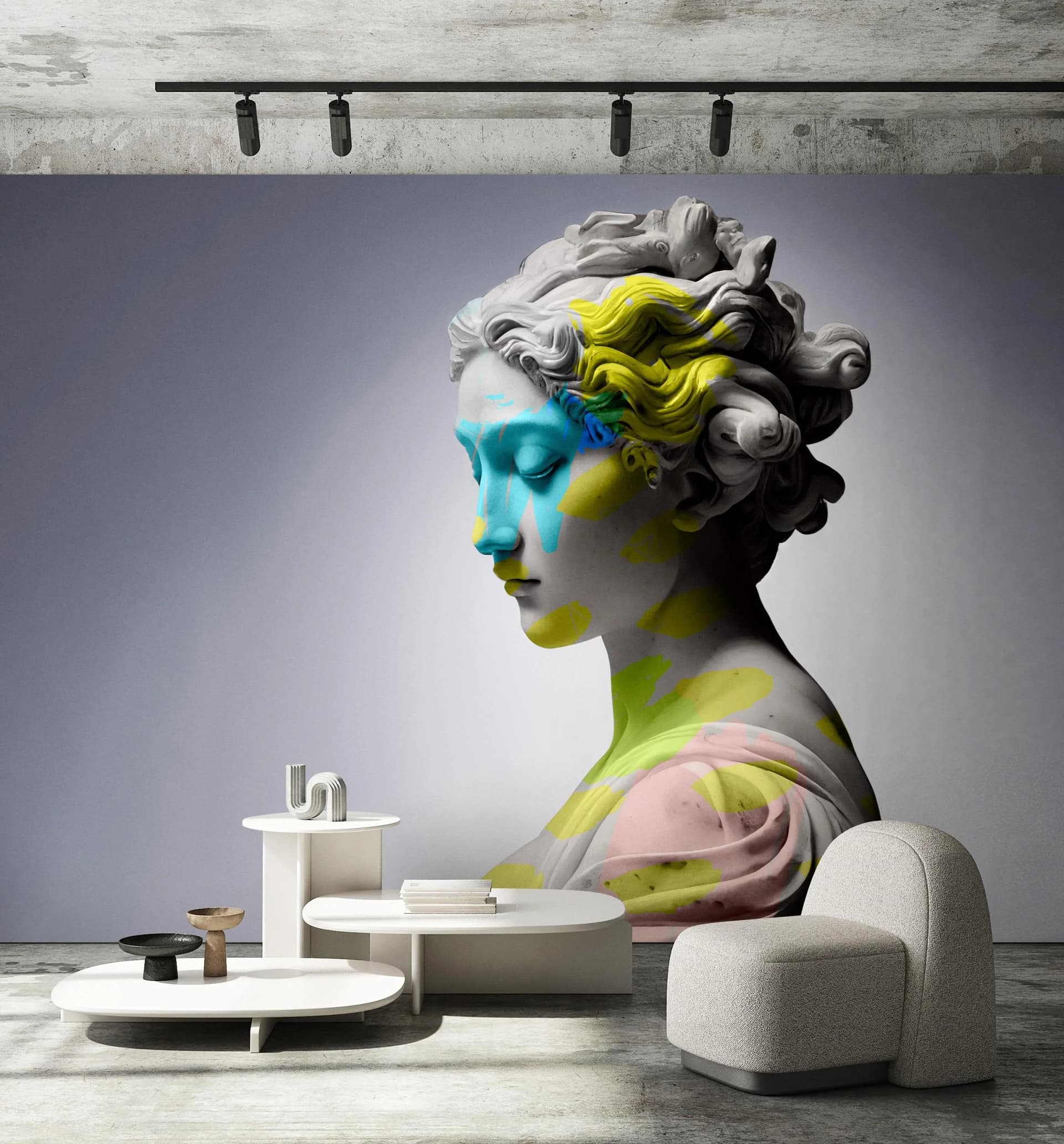 Fototapete Pop-Art Antike Skulptur Grau Bunt 270x400cm