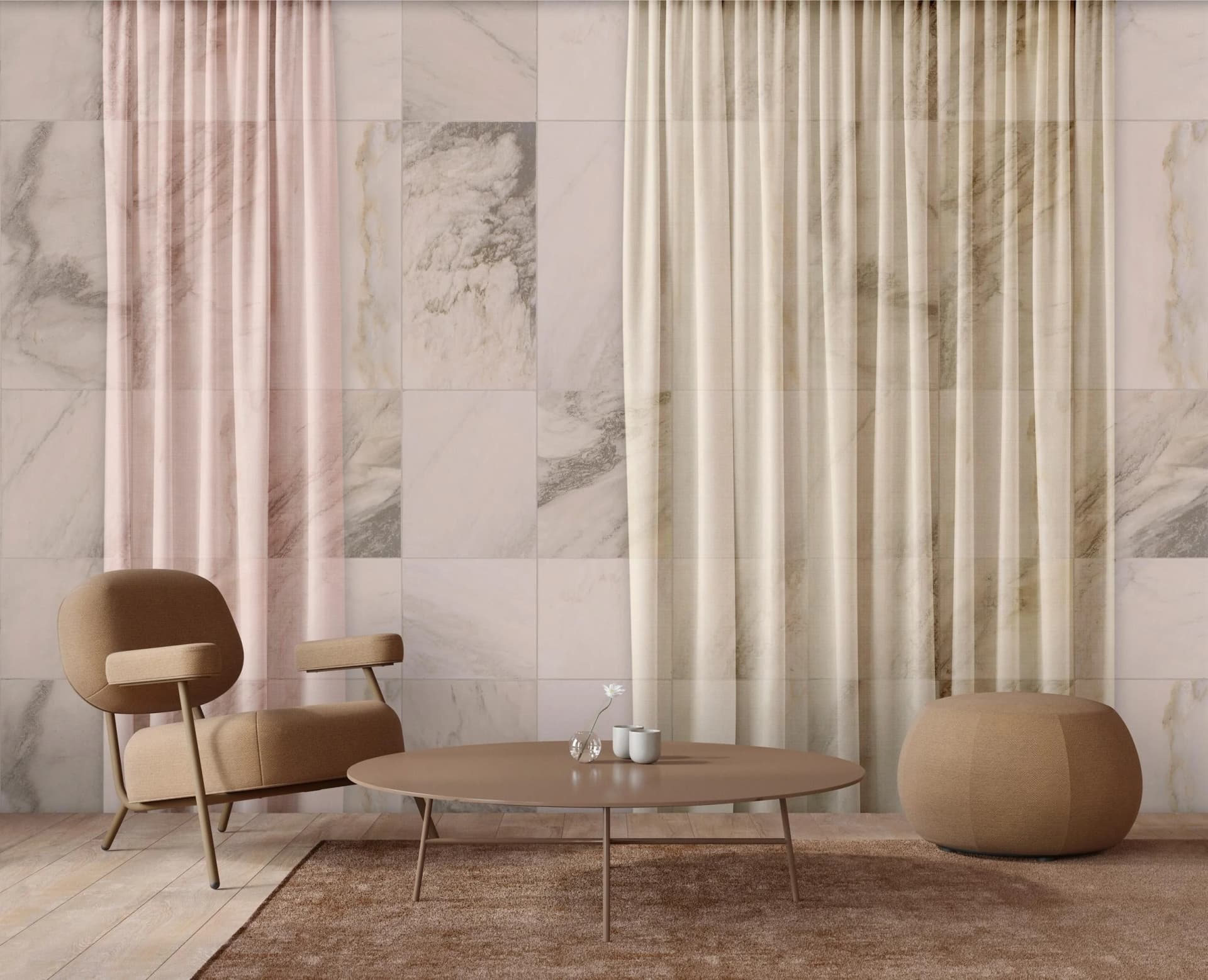 Vliestapete LIVING WALLS Fototapete Marmoroptik Vorhang Elegant Modern Beige