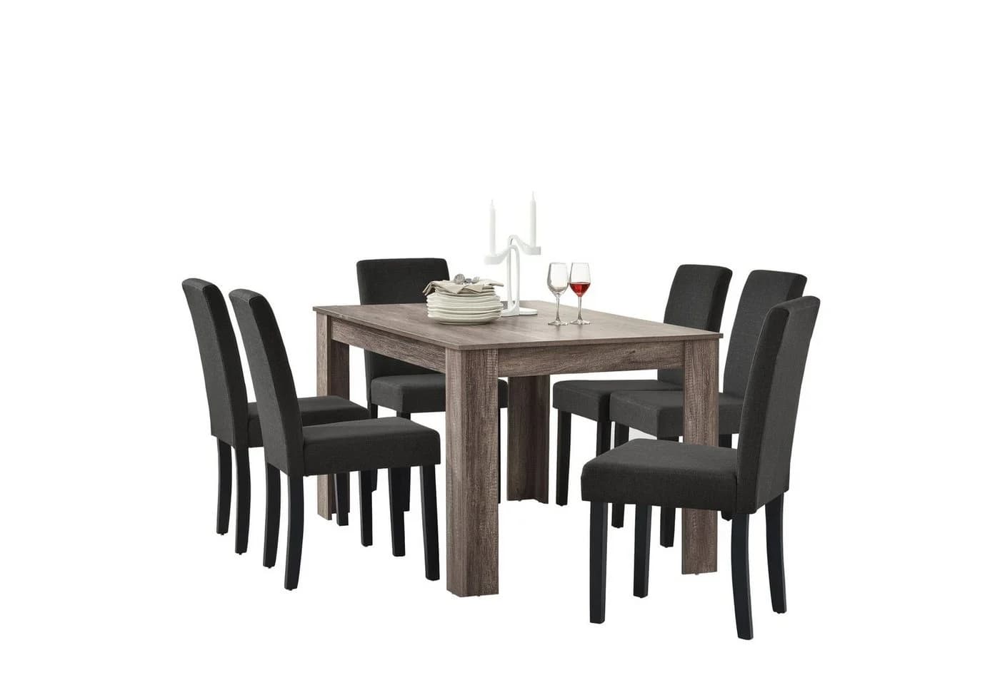 en.casa Essgruppe 7-tlg. Esstisch mit 6 Stühlen Kramfors Antike Eiche Dunkelgrau - Bild 2