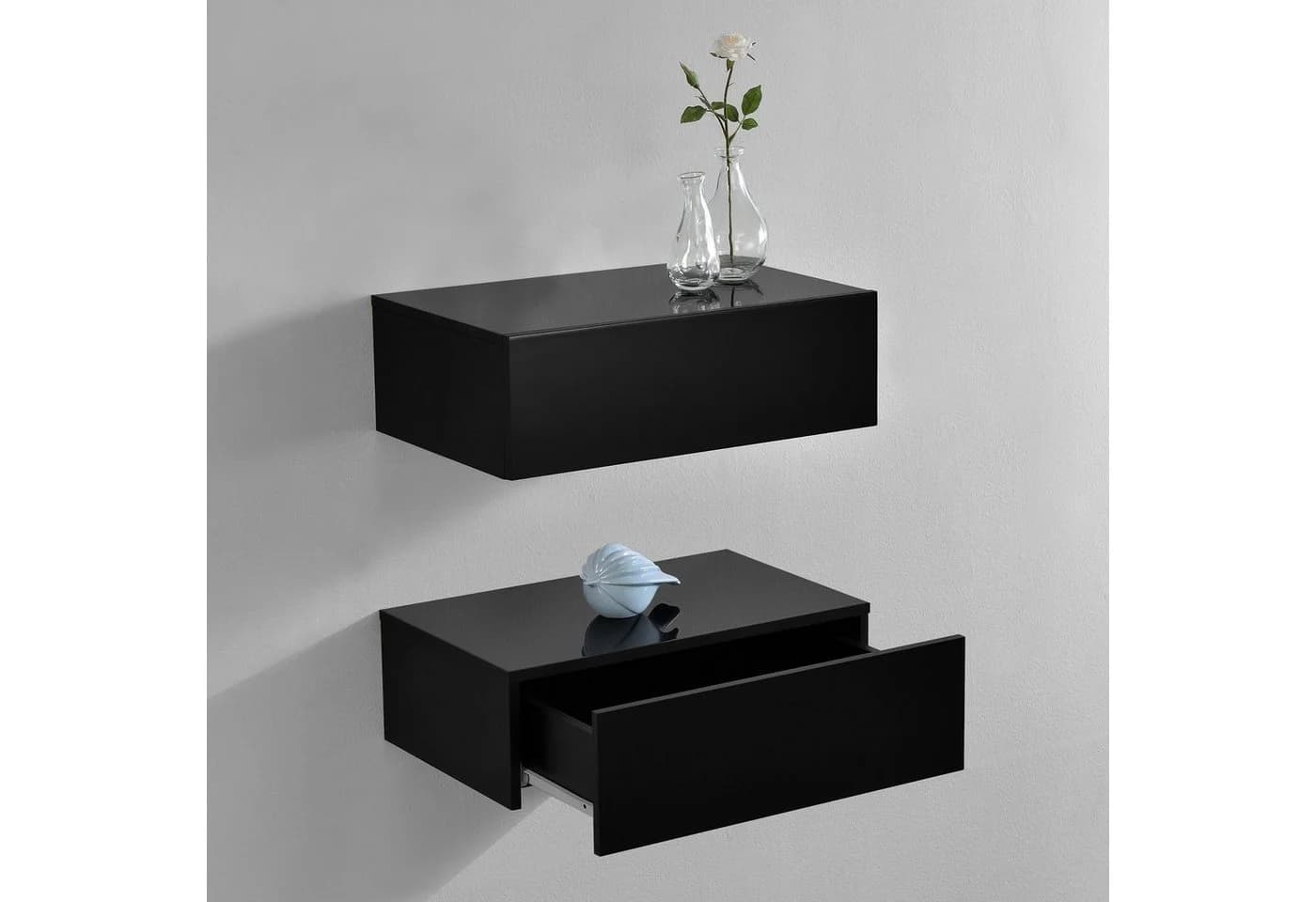 en.casa Nachtschrank Oslo 2er Set Schwarz Hochglanz mit Schublade