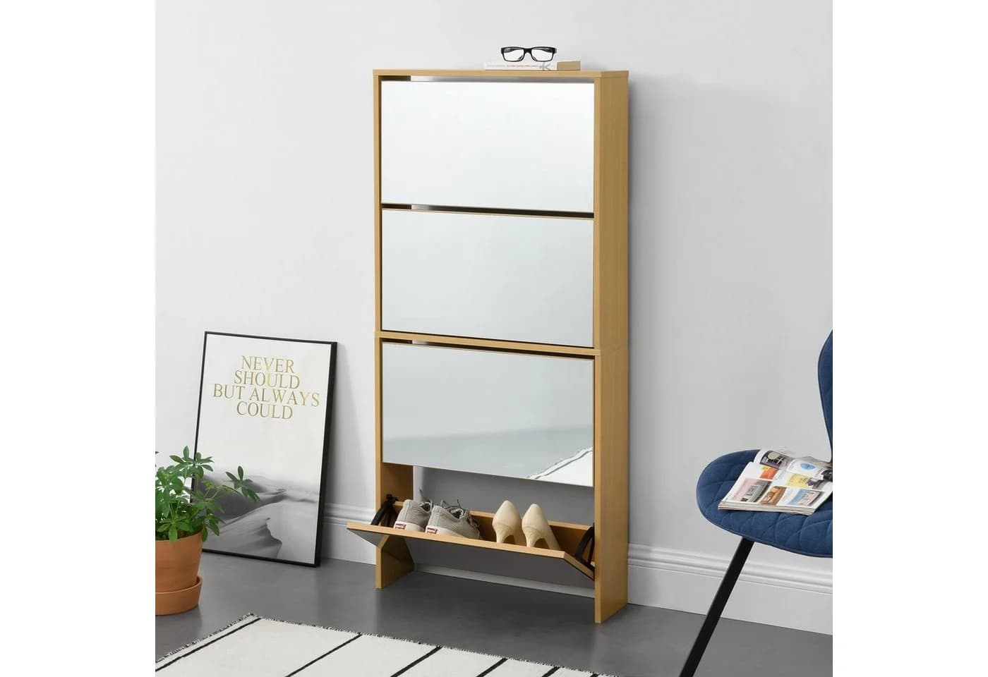 en.casa Schuhschrank Vogar 4 verspiegelte Türen Buche-Optik