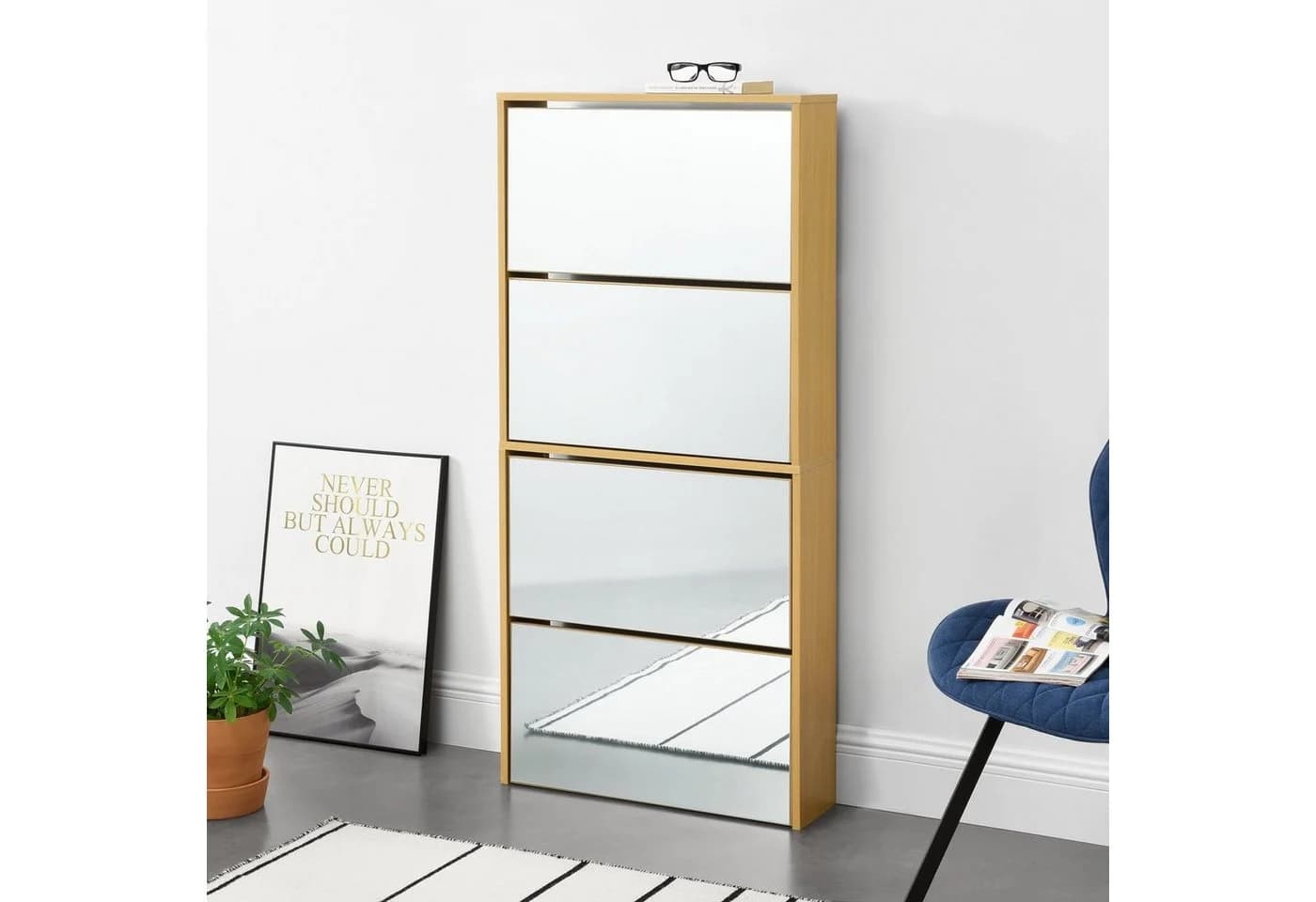 en.casa Schuhschrank Vogar 4 verspiegelte Türen Buche-Optik - Bild 3