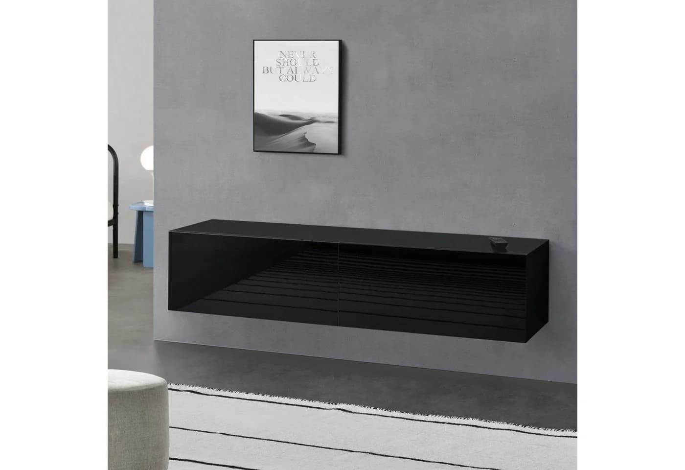 en.casa Hängeschrank Evaton TV Lowboard 140cm Schwarz Hochglanz - Bild 2