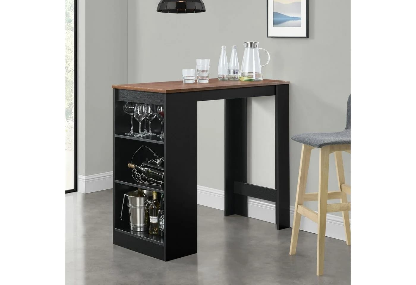 en.casa Bartisch Kouvola Bartheke mit Ablagefach Schwarz/Walnuss
