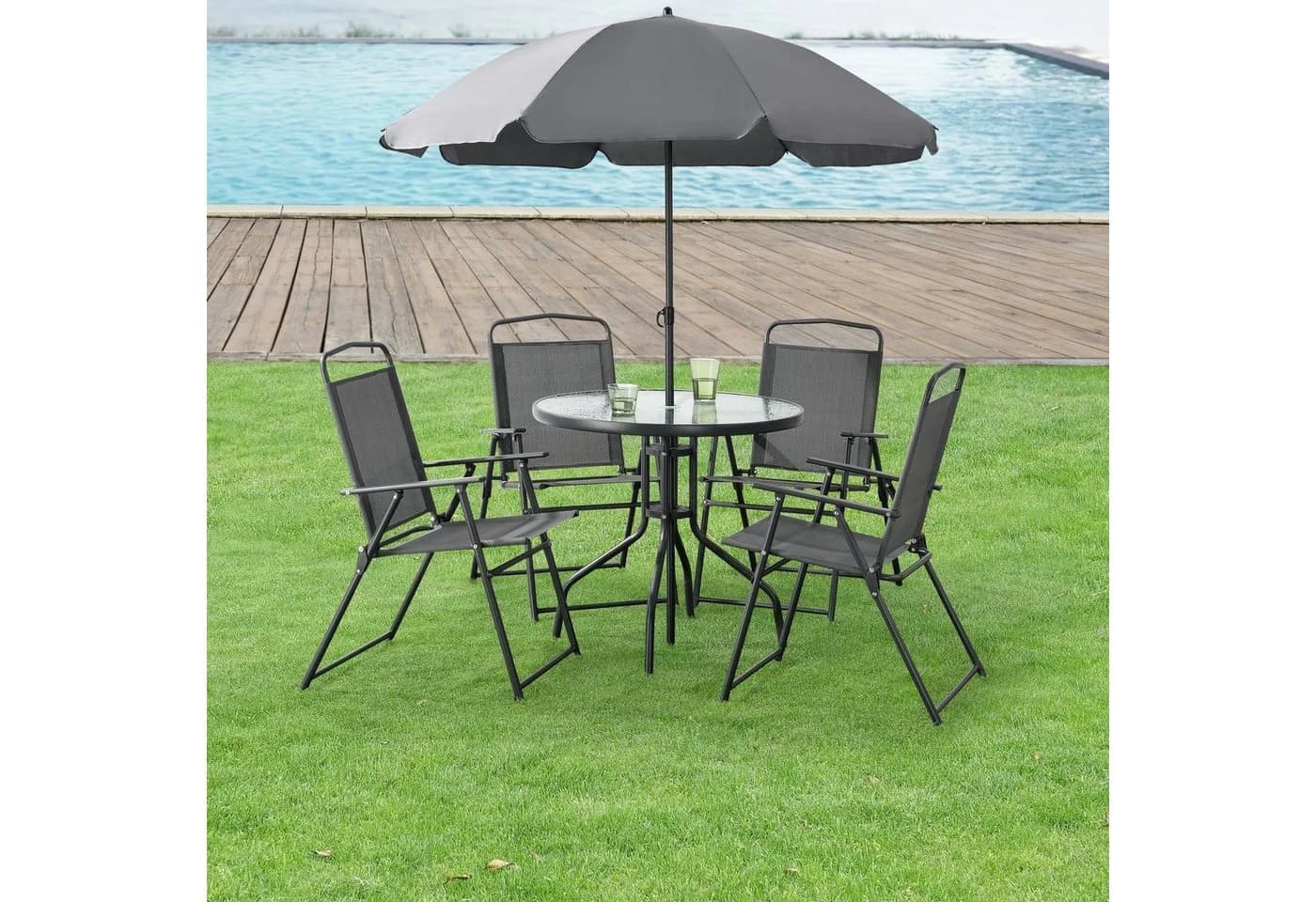 en.casa Gartenlounge-Set 6-tlg. Dunkelgrau mit Sonnenschirm