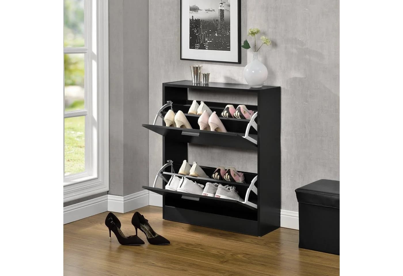 en.casa Schuhschrank Wavre Schwarz mit 2 Klappen