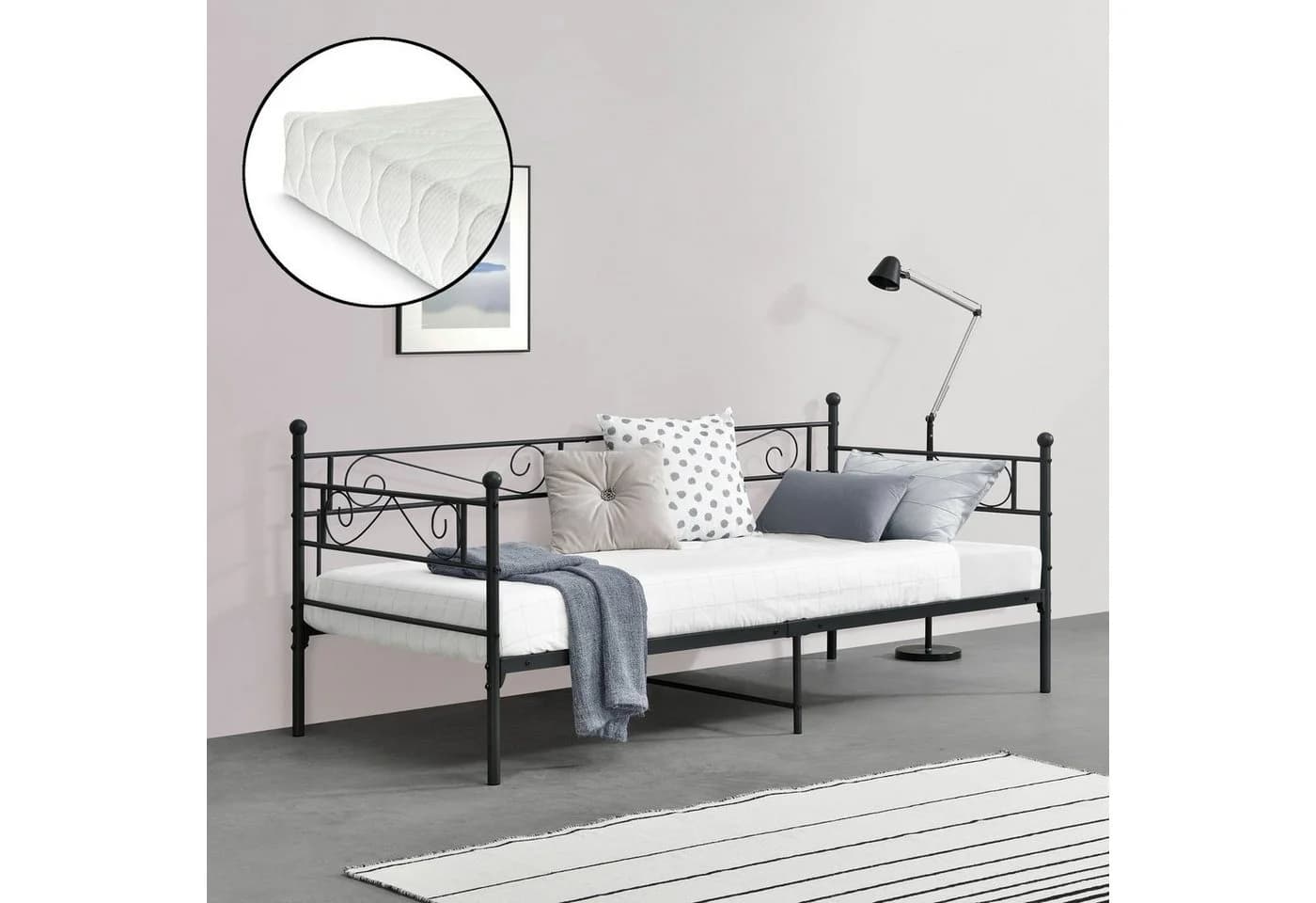 en.casa Metallbett Kerava Einzelbett 90x200 cm Kaltschaummatratze Schwarz