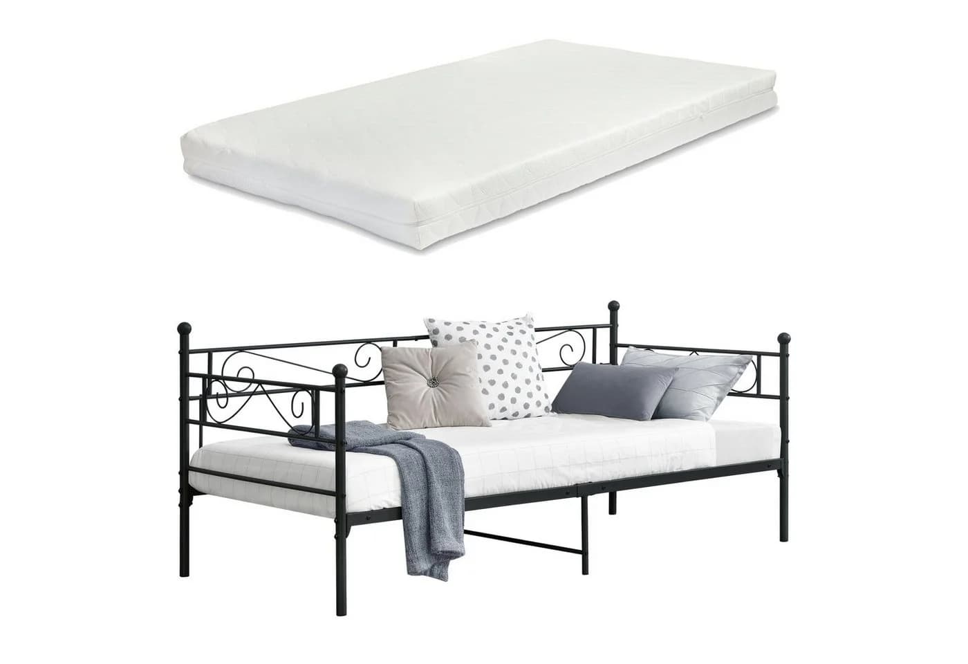 en.casa Metallbett Kerava Einzelbett 90x200 cm Kaltschaummatratze Schwarz - Bild 2
