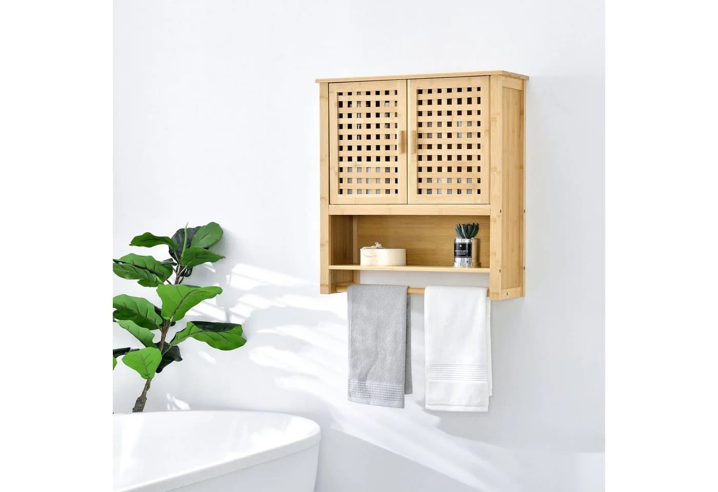en.casa Hängeschrank Borlänge Bambus-Badschrank mit Handtuchhalter - Bild 2