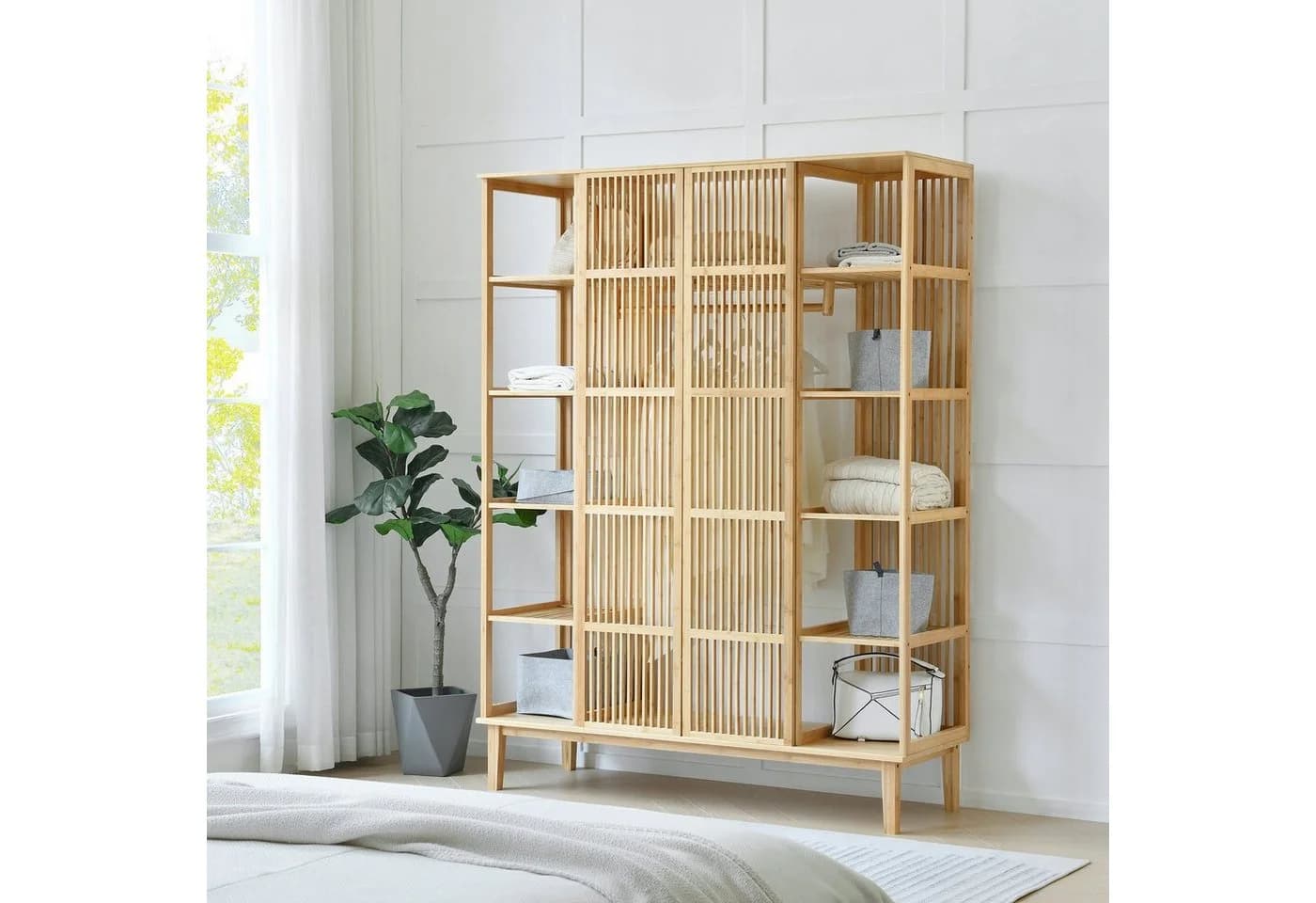 en.casa Kleiderschrank Hudiksvall Bambus 2 Schiebetüren Natur - Bild 2