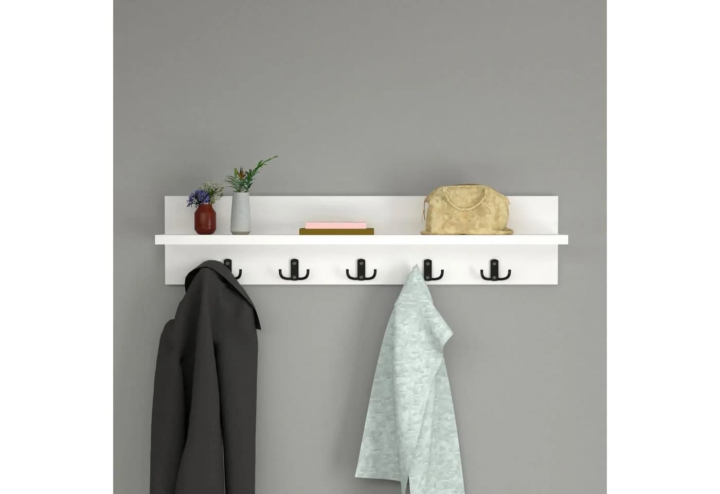 en.casa Wandgarderobe Hammarö Weiß mit 10 Haken und Ablage - Bild 4