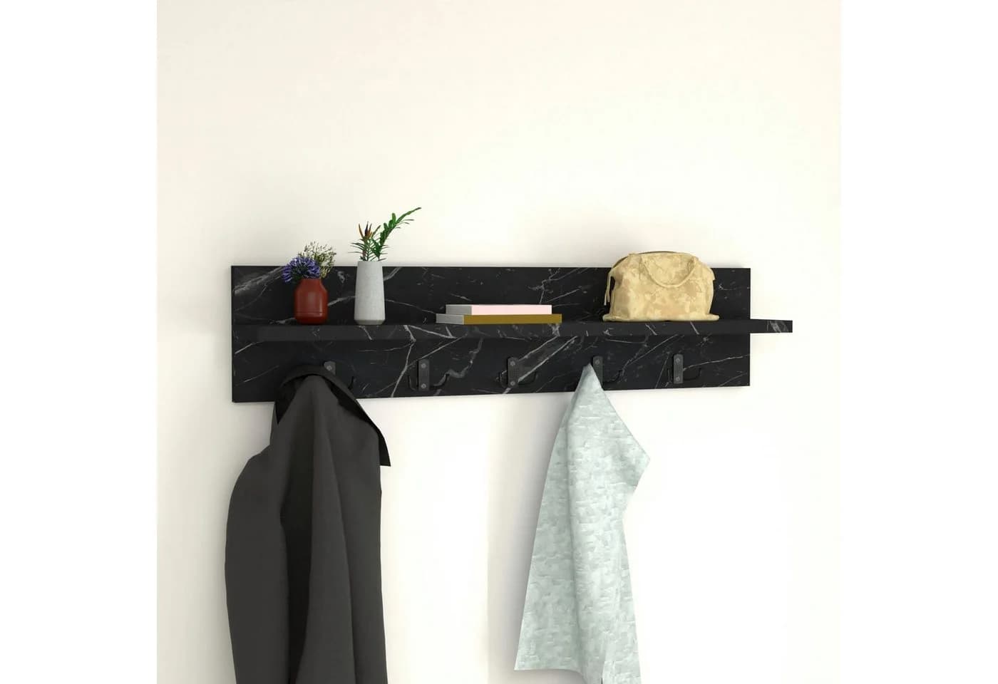 en.casa Wandgarderobe Hammarö mit Ablage und 10 Haken Marmor Schwarz