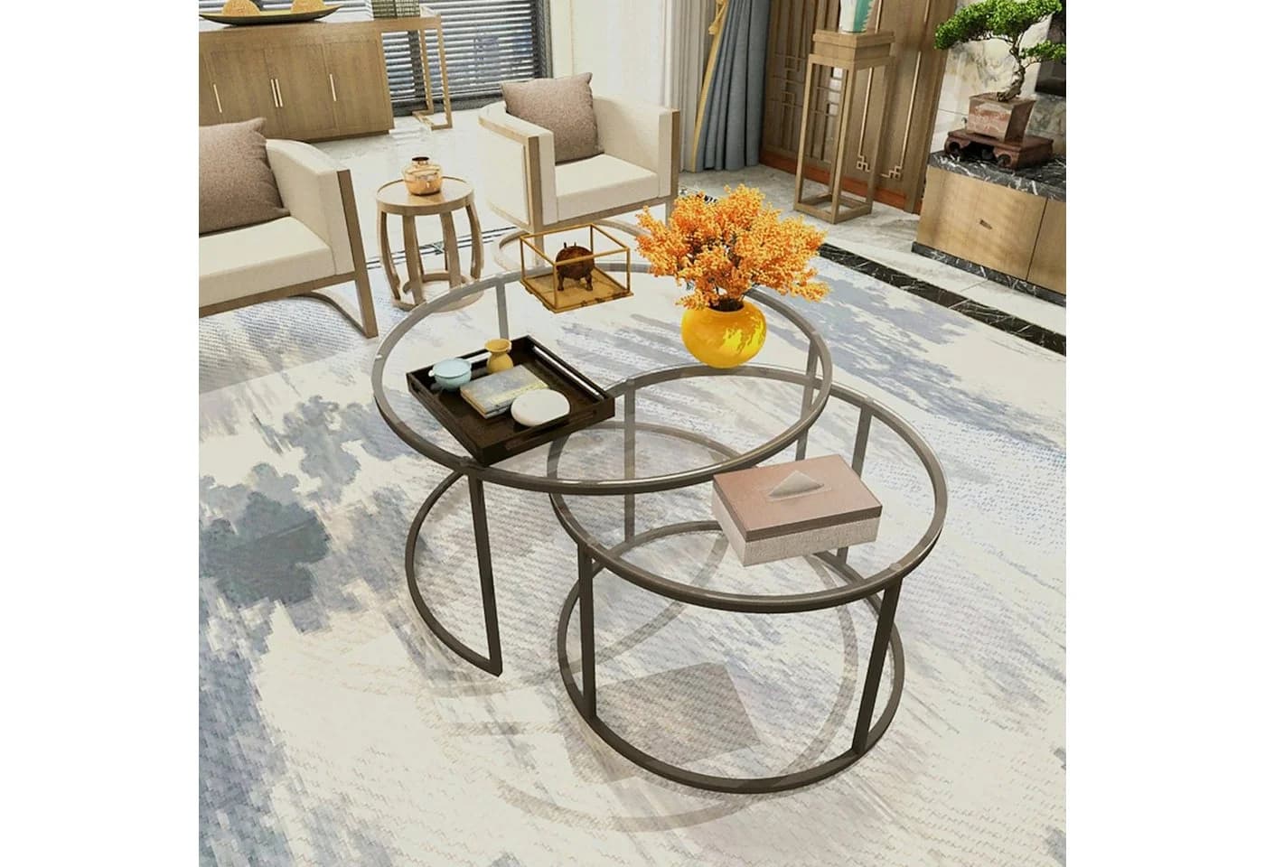 en.casa Couchtisch Set 2-tlg. Kokkola Satztisch rund Metall Klarglas - Bild 3