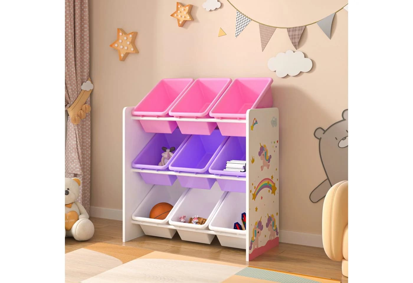 en.casa Kinderregal Muxía mit 9 Ablagekisten Rosa/Lila