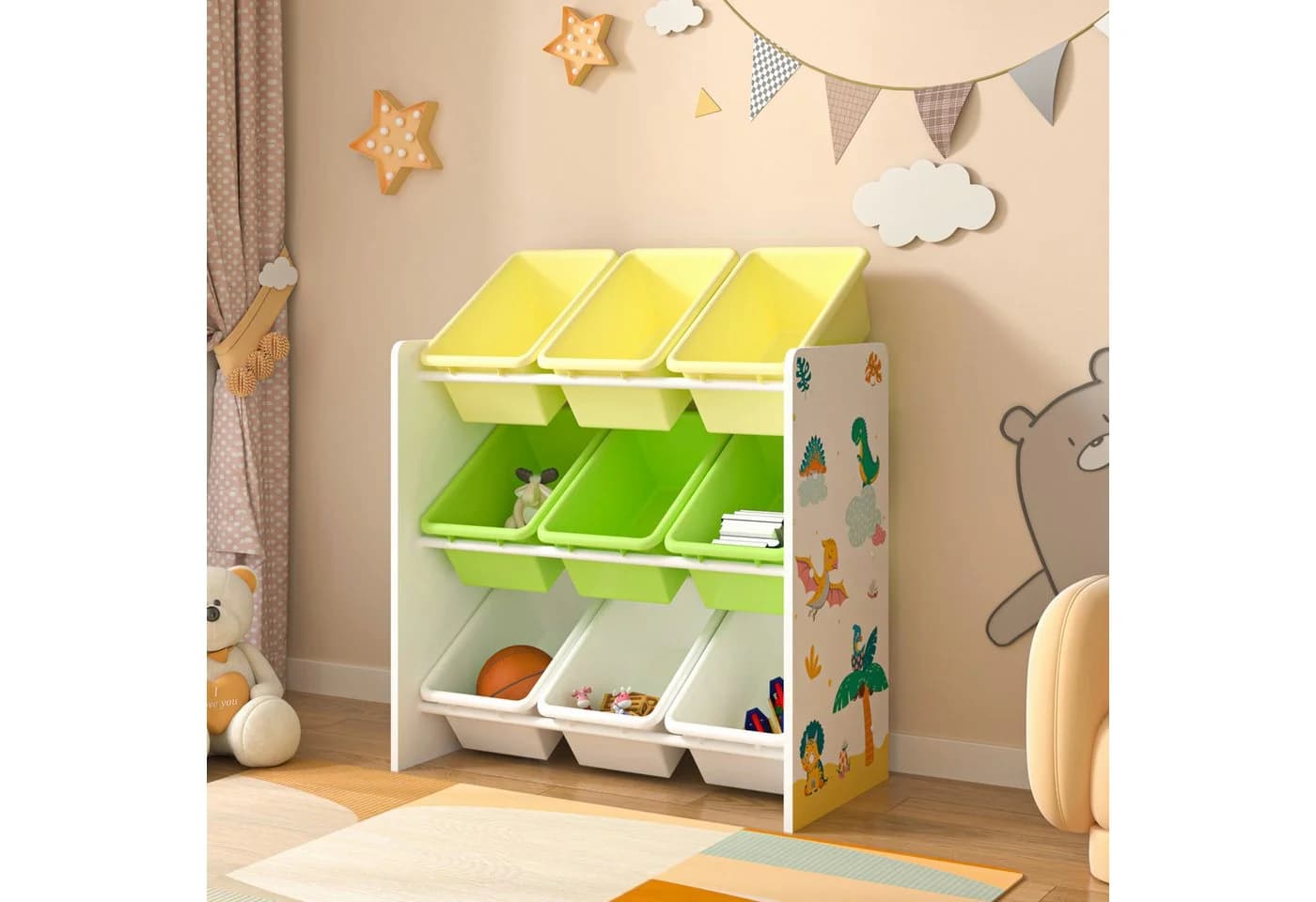 en.casa Kinderregal Muxía mit 9 Kisten Dinosaurier Motiv