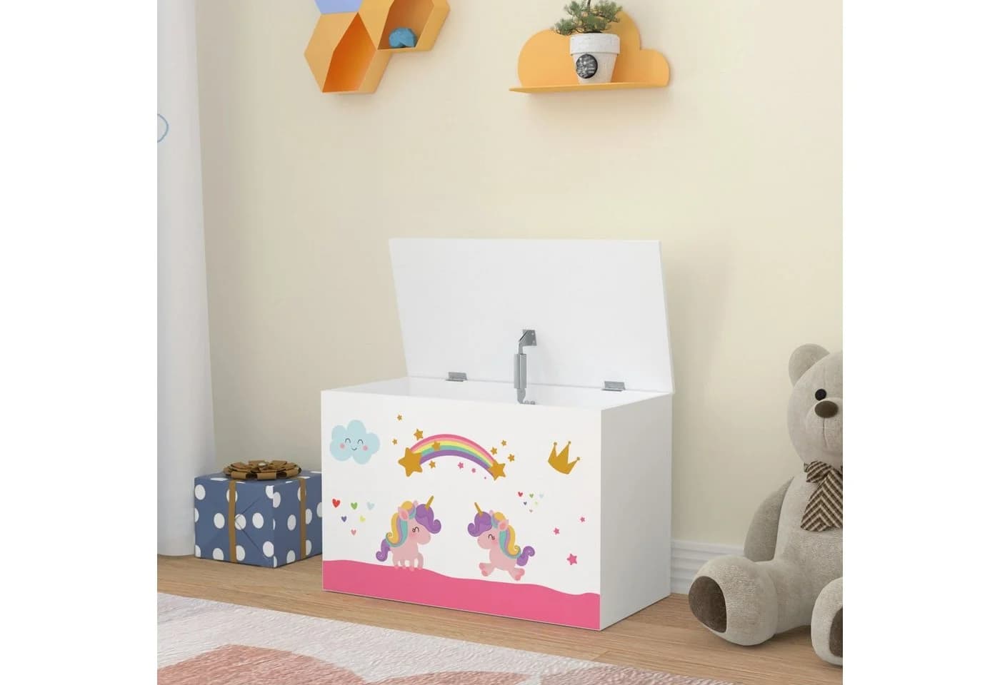 en.casa Spielzeugtruhe Oleiros Einhorn-Motiv Weiß/Rosa/Lila - Bild 3