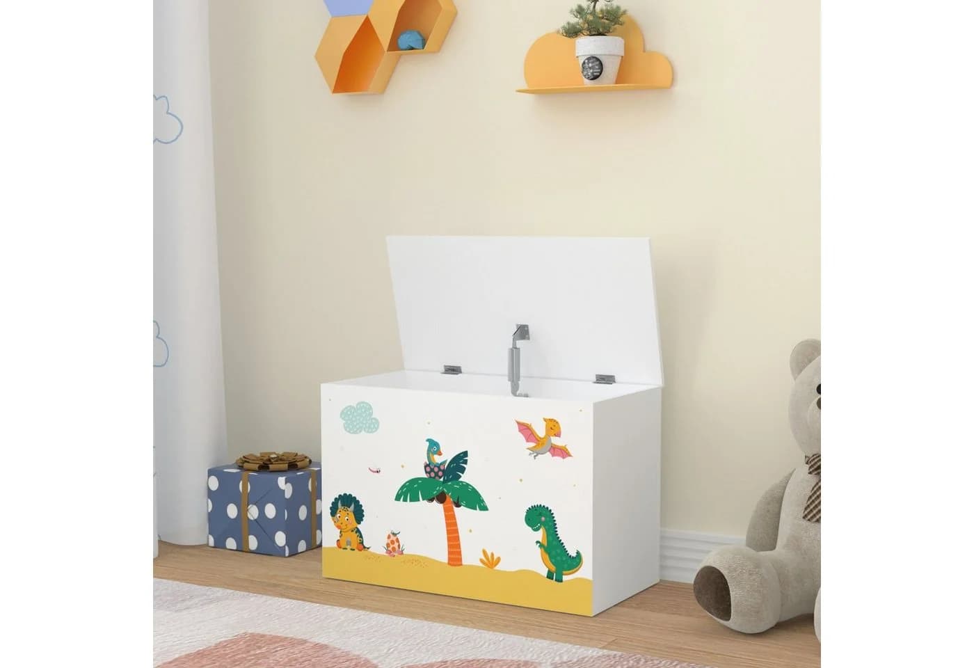en.casa Spielzeugtruhe Oleiros Dinosaurier Motiv Weiß Grün Gelb - Bild 3