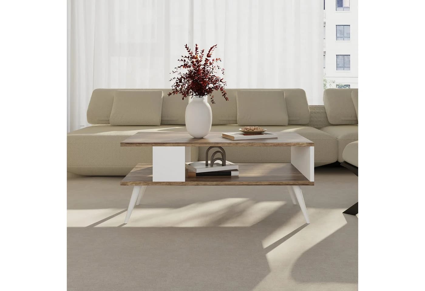 en.casa Couchtisch Lycksele Walnuss-Optik Weiß Moderner Wohnzimmertisch