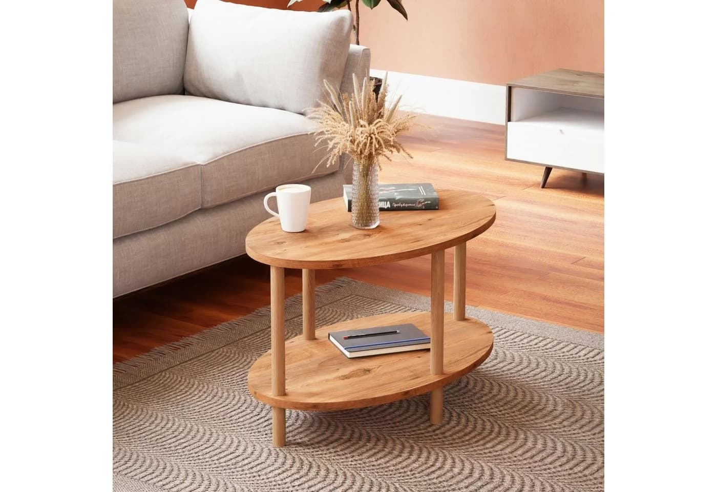 en.casa Couchtisch Oval Buchenholz Beine Holzoptik Modern