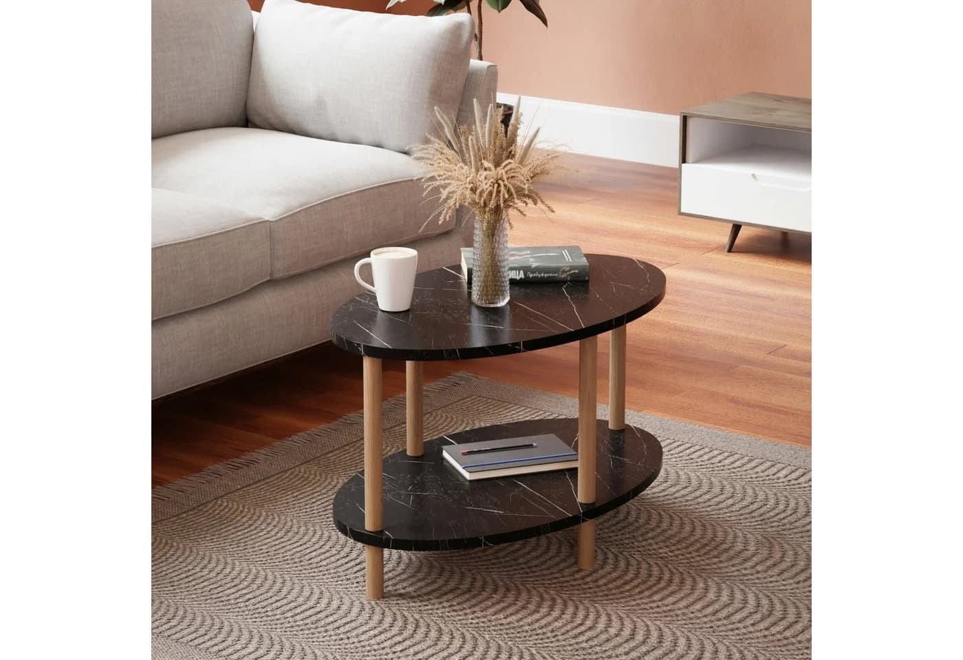 en.casa Couchtisch oval Marmoroptik schwarz Buchenholz Beine
