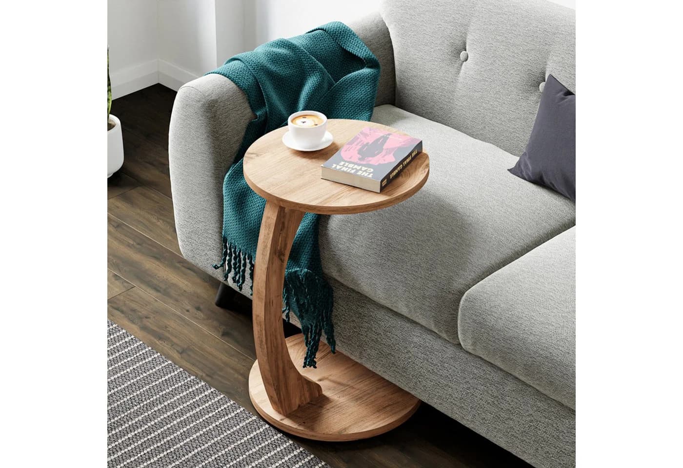 en.casa Beistelltisch C-Form mit Rollen Holzoptik