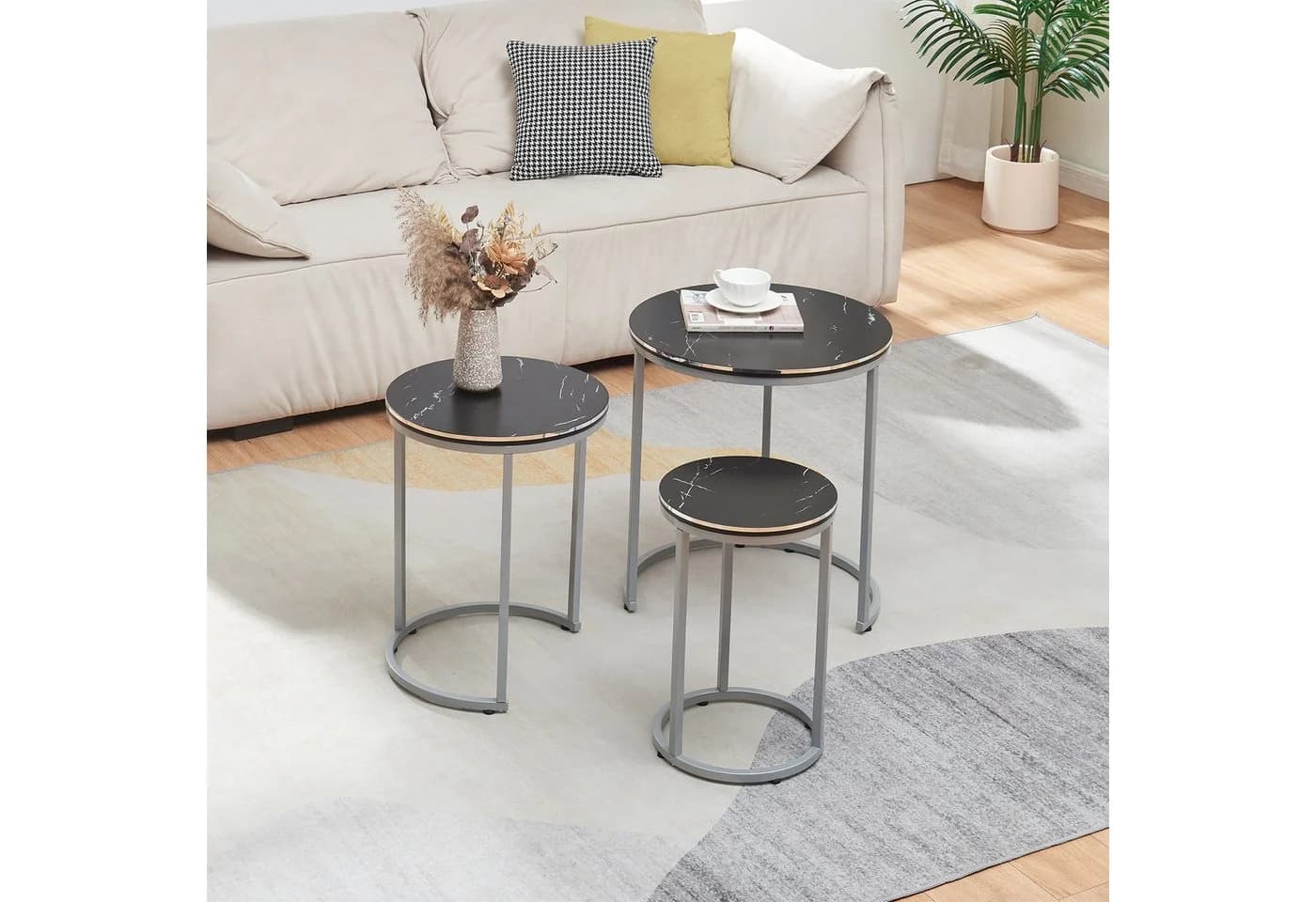 en.casa Satztisch 3er Set Bornholm Metallgestell Marmoroptik Schwarz